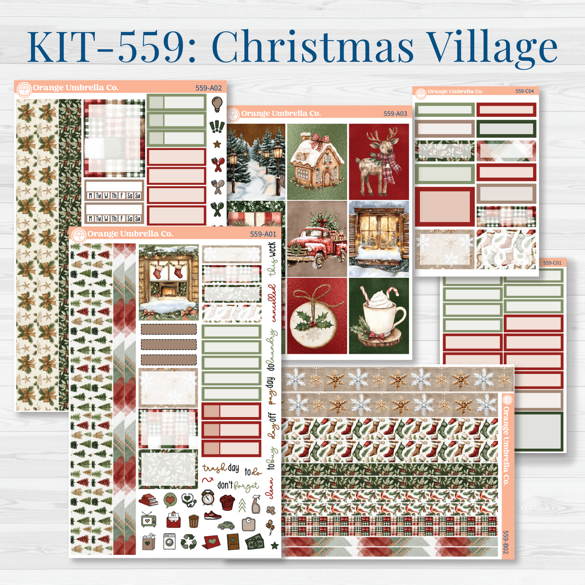 Christmas Village planner sticker Kit preview with classic red and green Christmas artwork