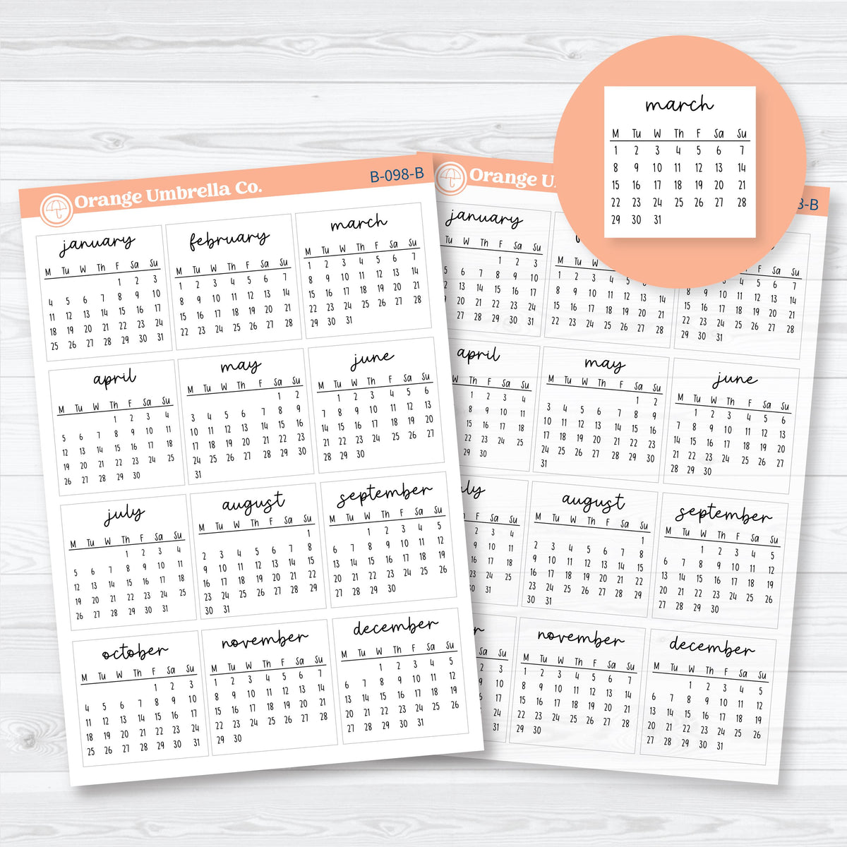 2027 Monday-start mini calendar planner stickers showing all 12 months in a compact format with white matte and clear matte paper options.