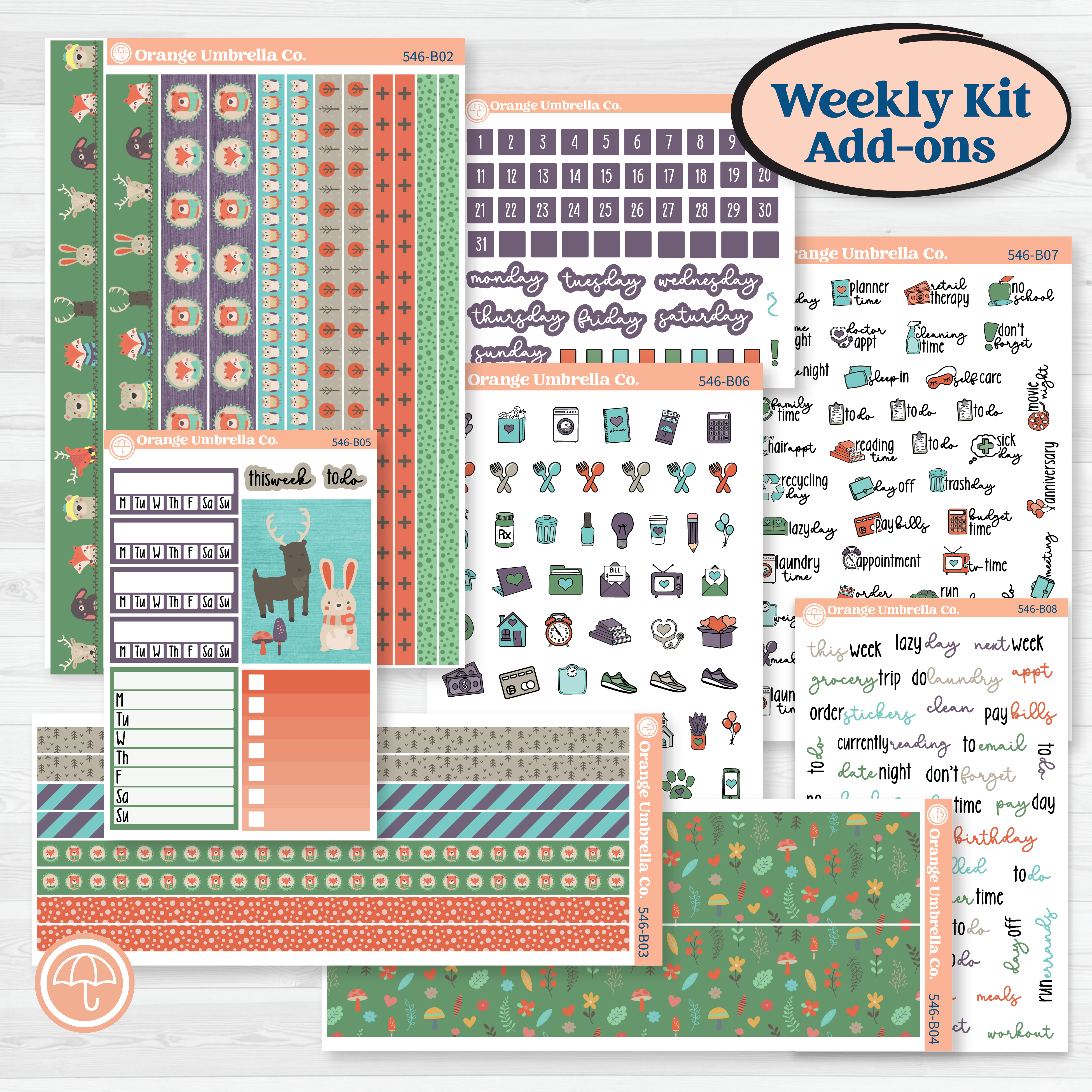 Woodland Animals Kit | Weekly Add-On Planner Kit Stickers | Forest Fluffs | KIT-546-B