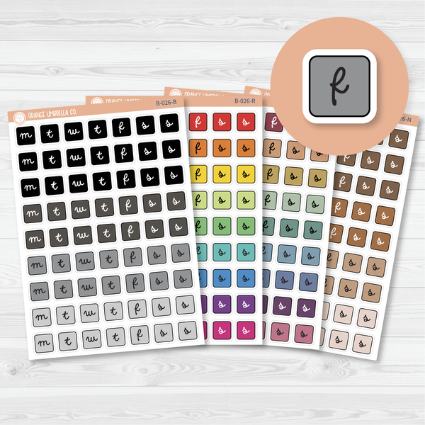 Weekday Letter Cover Planner Stickers | Square F16 Script | B-026
