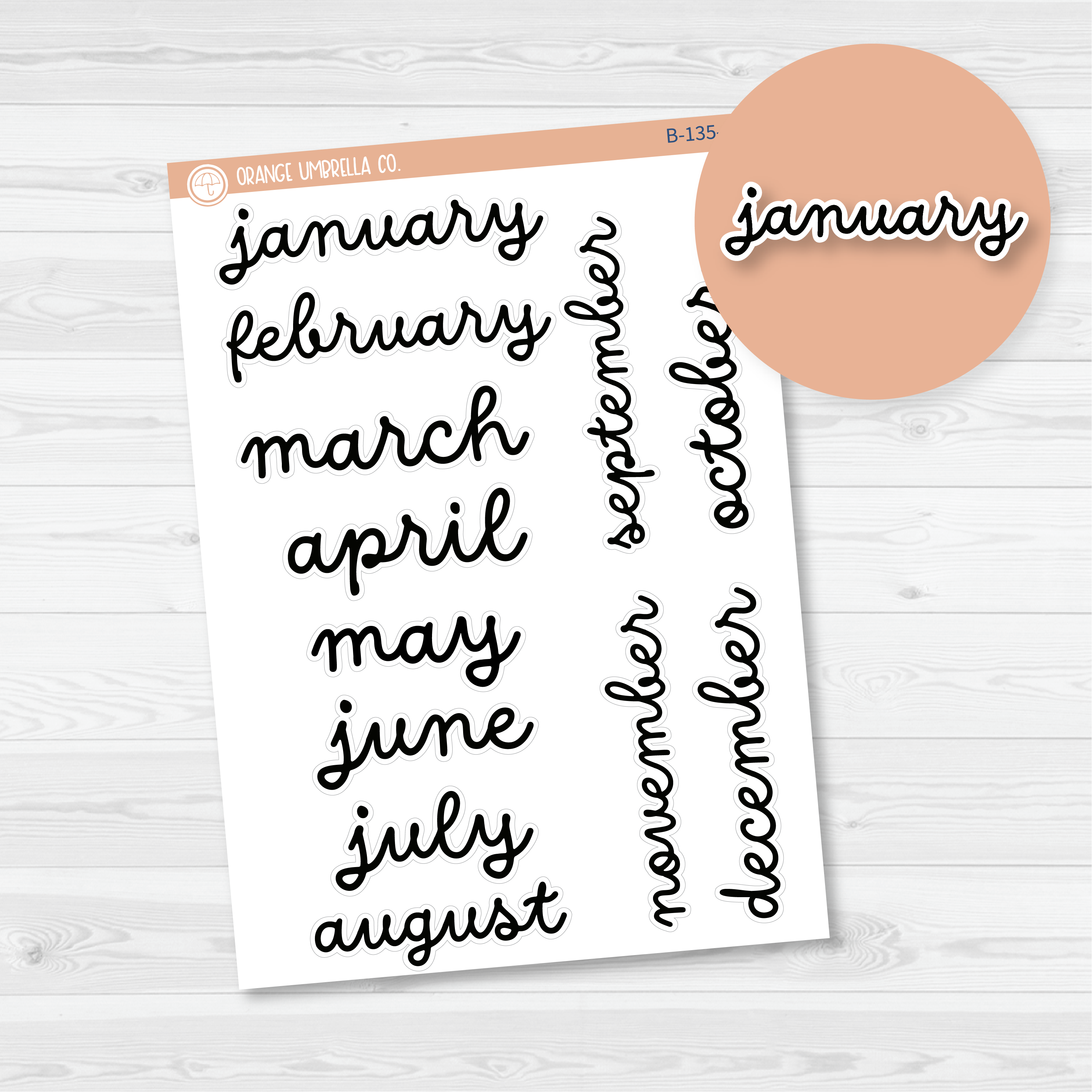 Month Name Planner Stickers - 7x9, 8.5x11 ECLP & Hobonichi Cousin | F16 Script | B-135-B