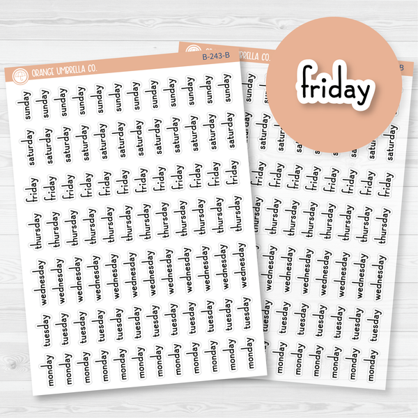 Day of the Week Header Script Planner Stickers | F16 Print |  B-243