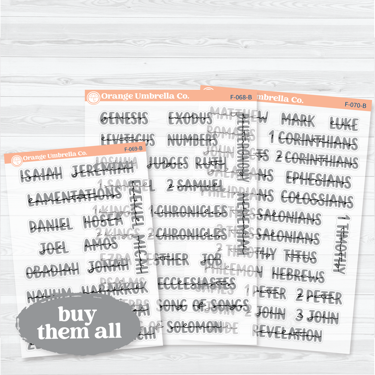 Large Books of the Bible - Layered Font, Black Outline | Clear Matte Faith Bible Journaling Planner Stickers | F-068-070-BCM