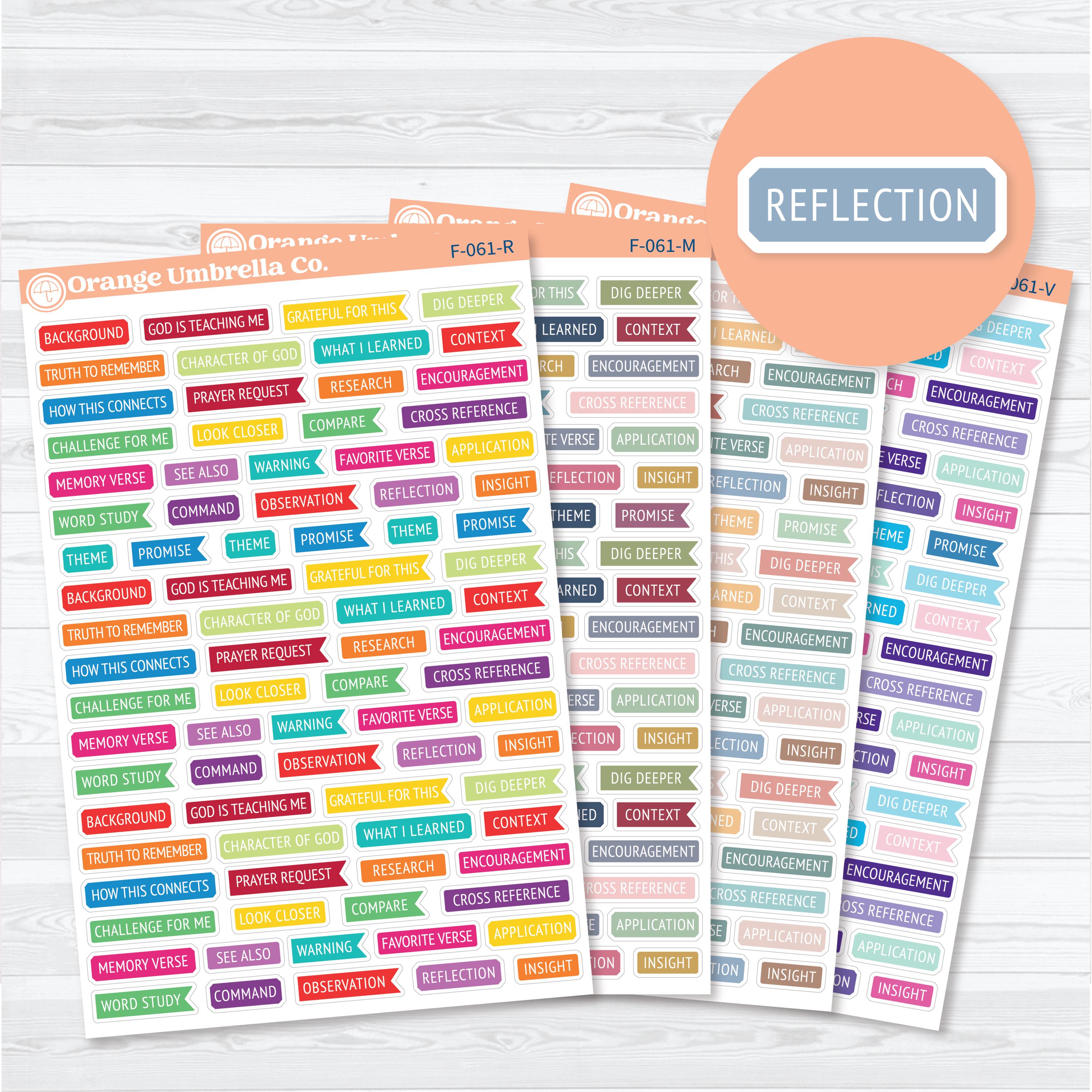 Bible Reading Annotation & Journaling Labels featuring functional Bible study banner stickers for observations, cross references, themes, applications, prayer requests, and Scripture journaling.