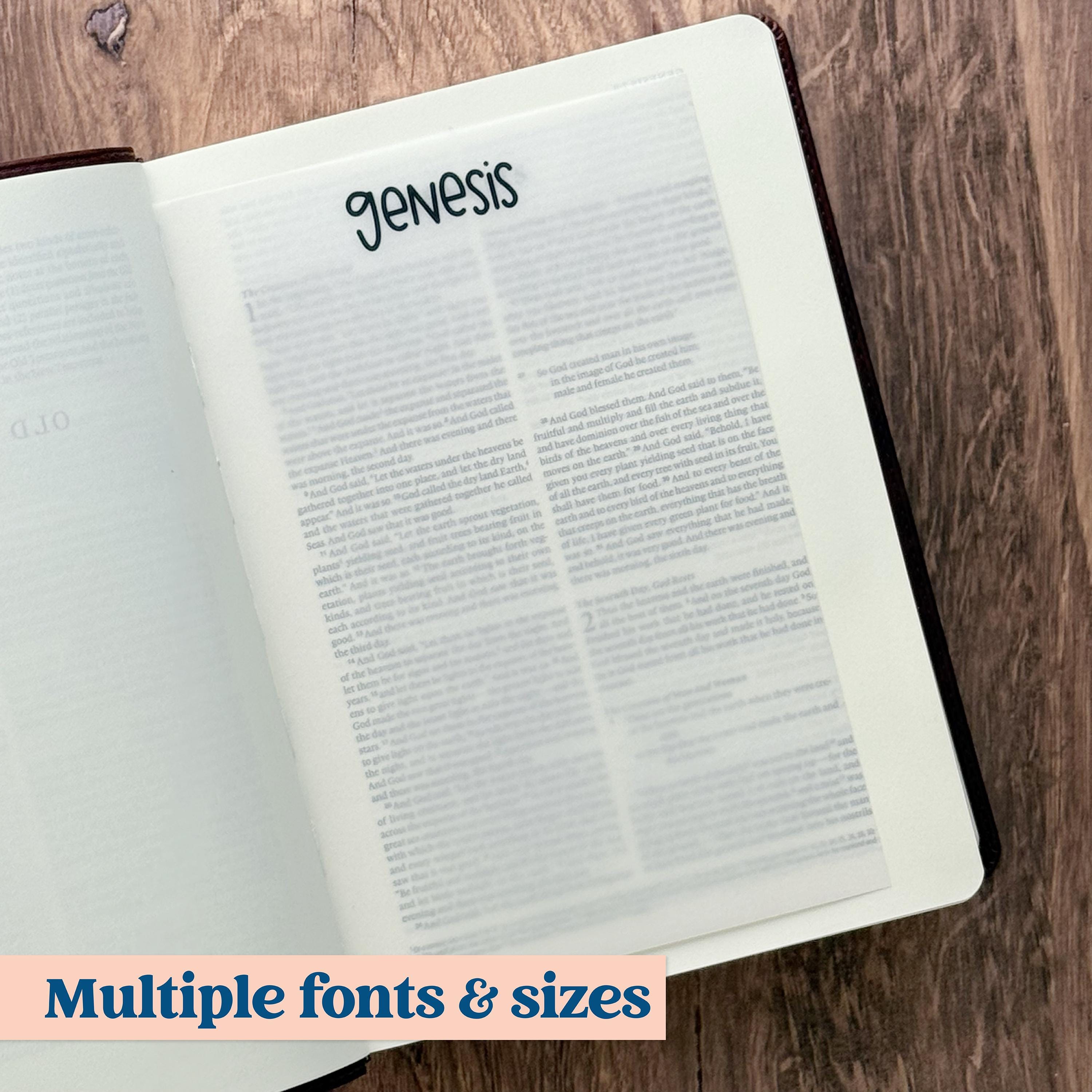 Books of the Bible vellum tip-ins printed on translucent 48 lb vellum paper for Bible journaling and Scripture study, available in 5x7 and A5 with Serif and Font 21 font options.