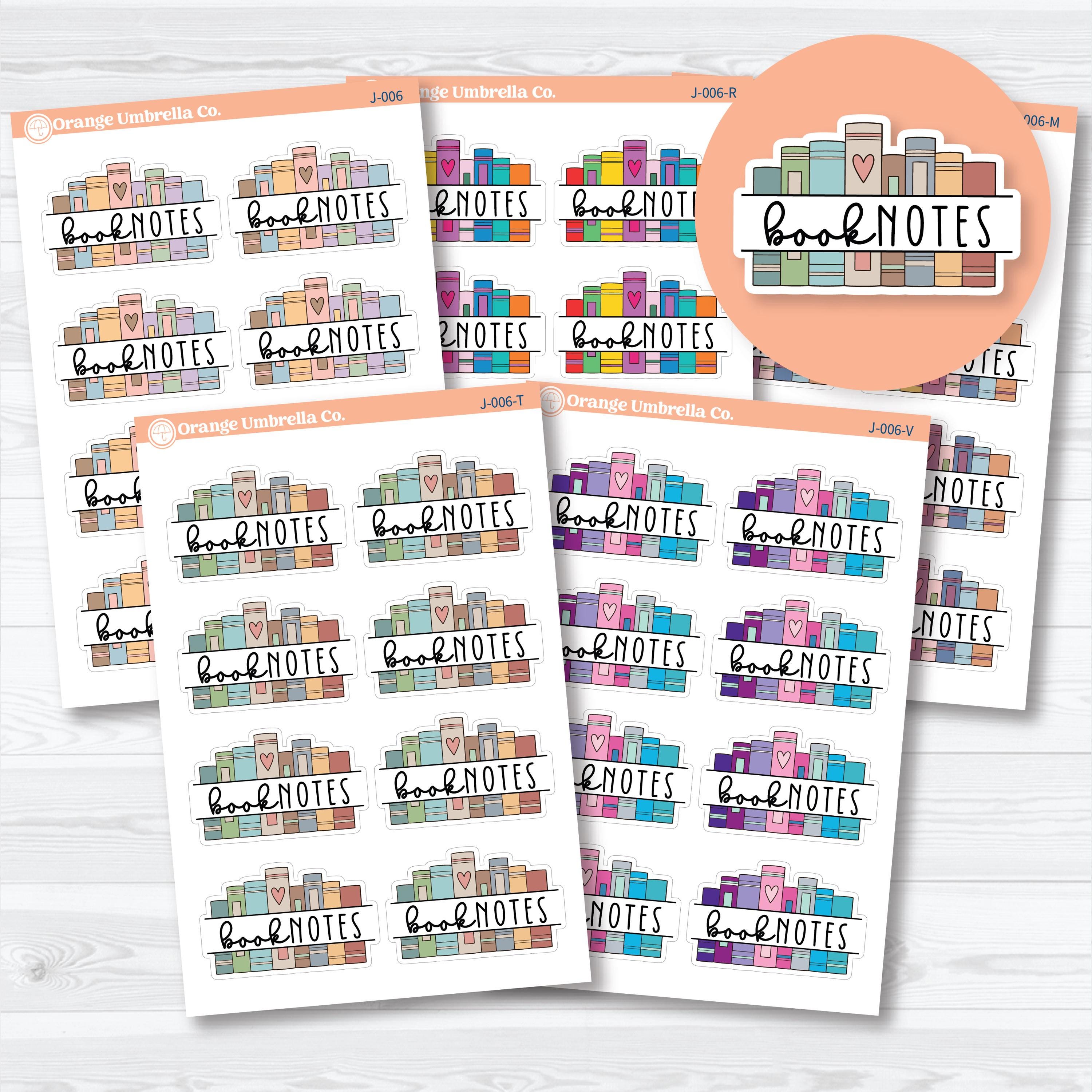 Bookshelf book notes planner stickers for reading journals with layered book illustrations and cozy bookish journaling designs by Orange Umbrella
