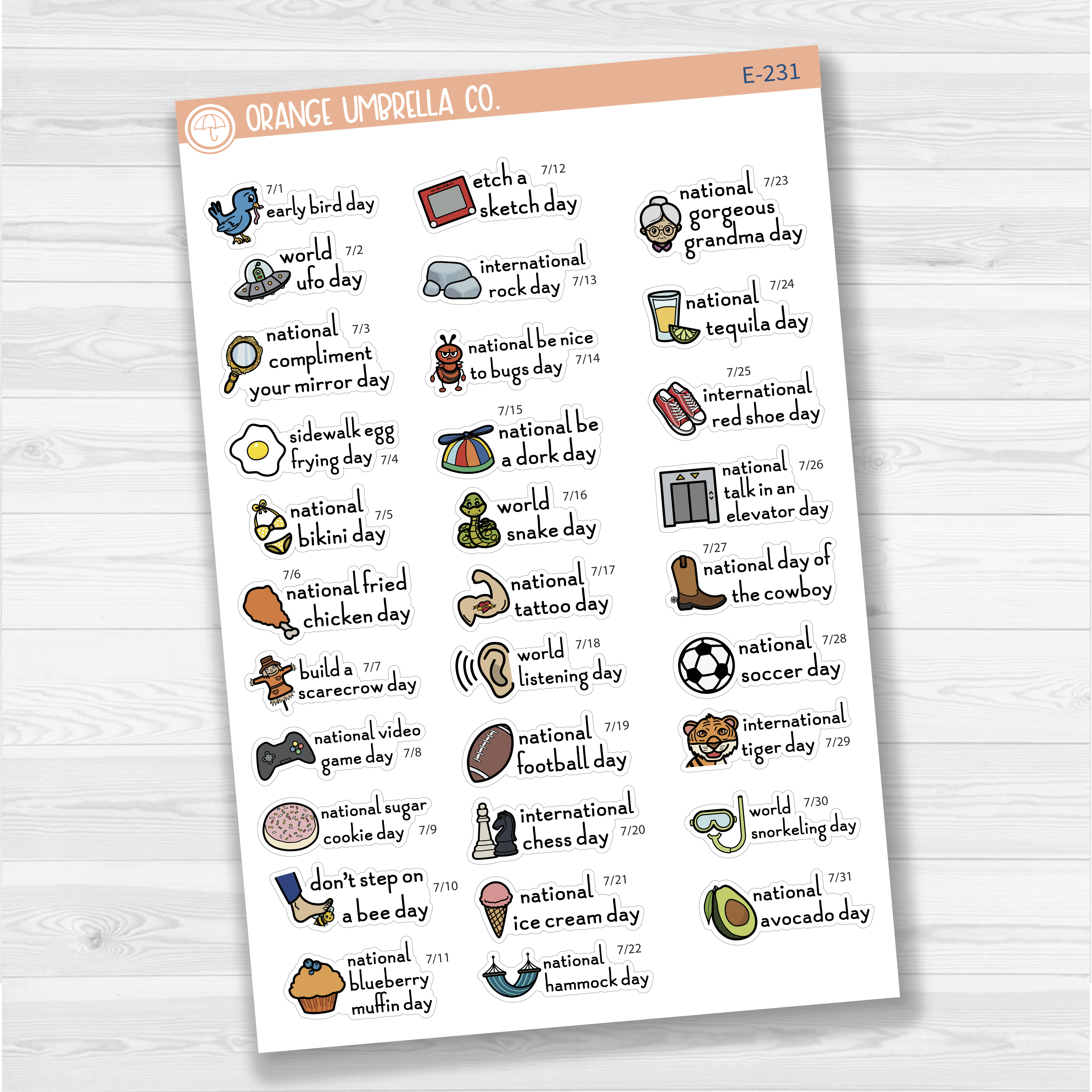 July Wacky Holidays Script Planner Stickers | F16 | E-231