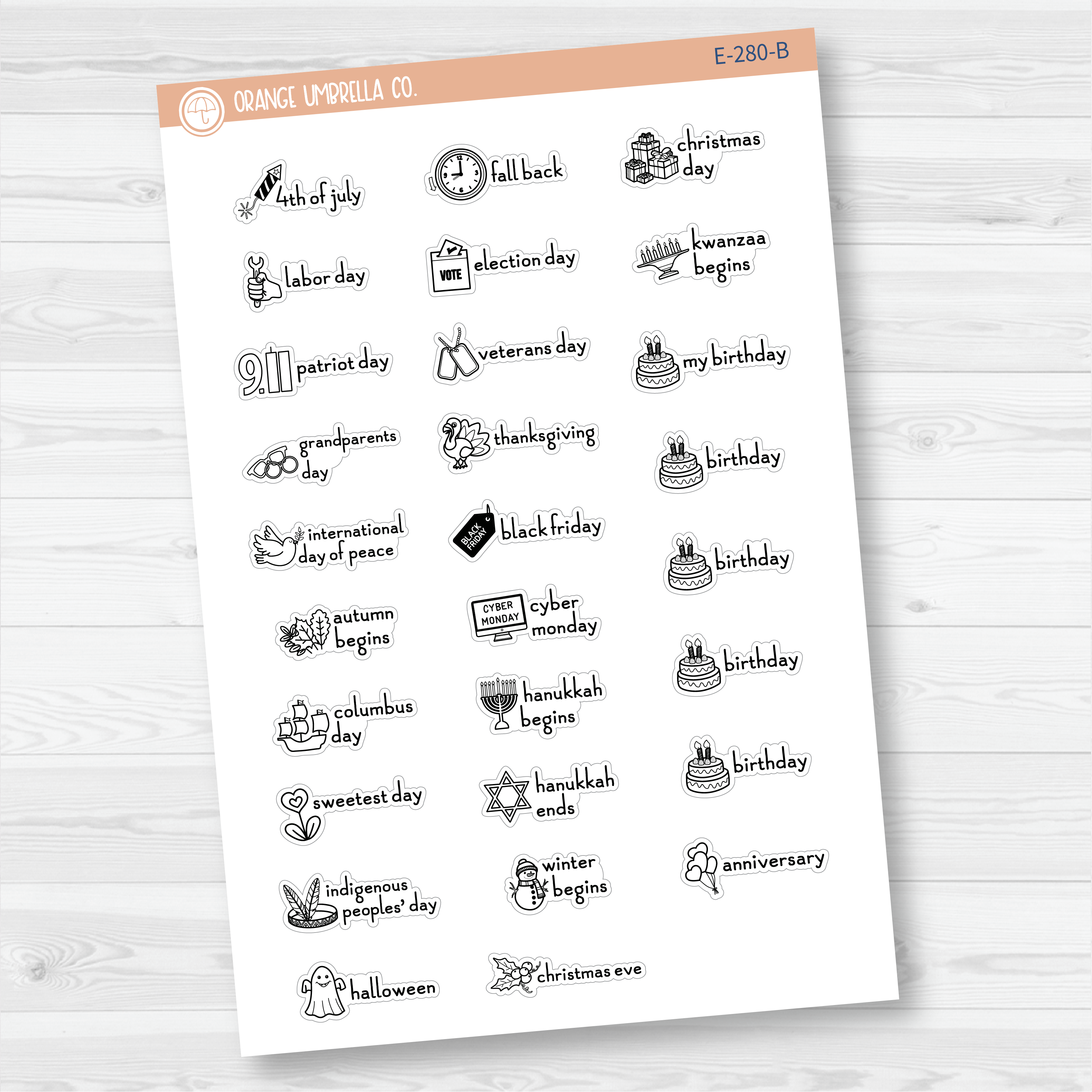 Doodle Holidays | Mini Icon & Script Planner Stickers July-December | F16 | E-280
