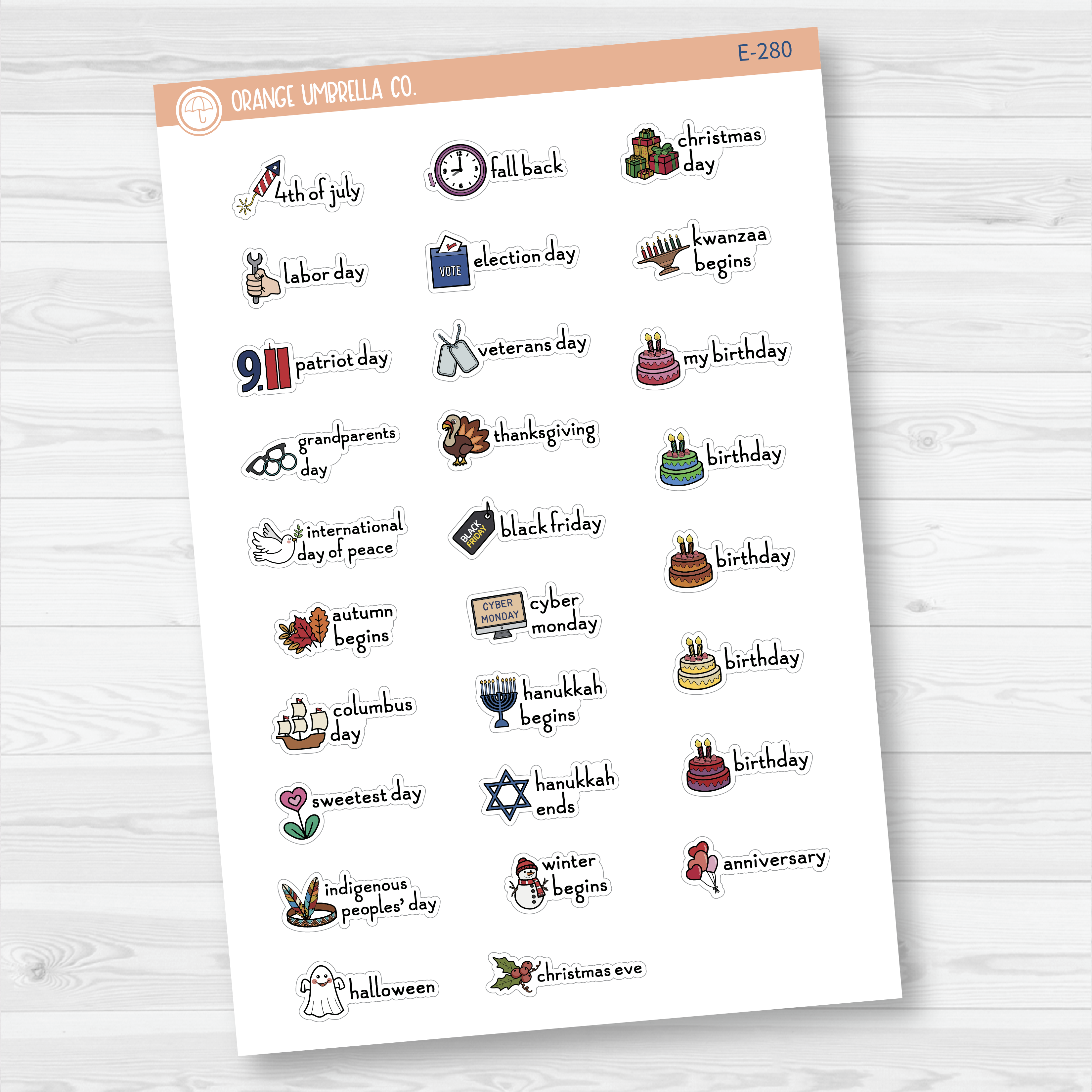 Doodle Holidays | Mini Icon & Script Planner Stickers July-December | F16 | E-280