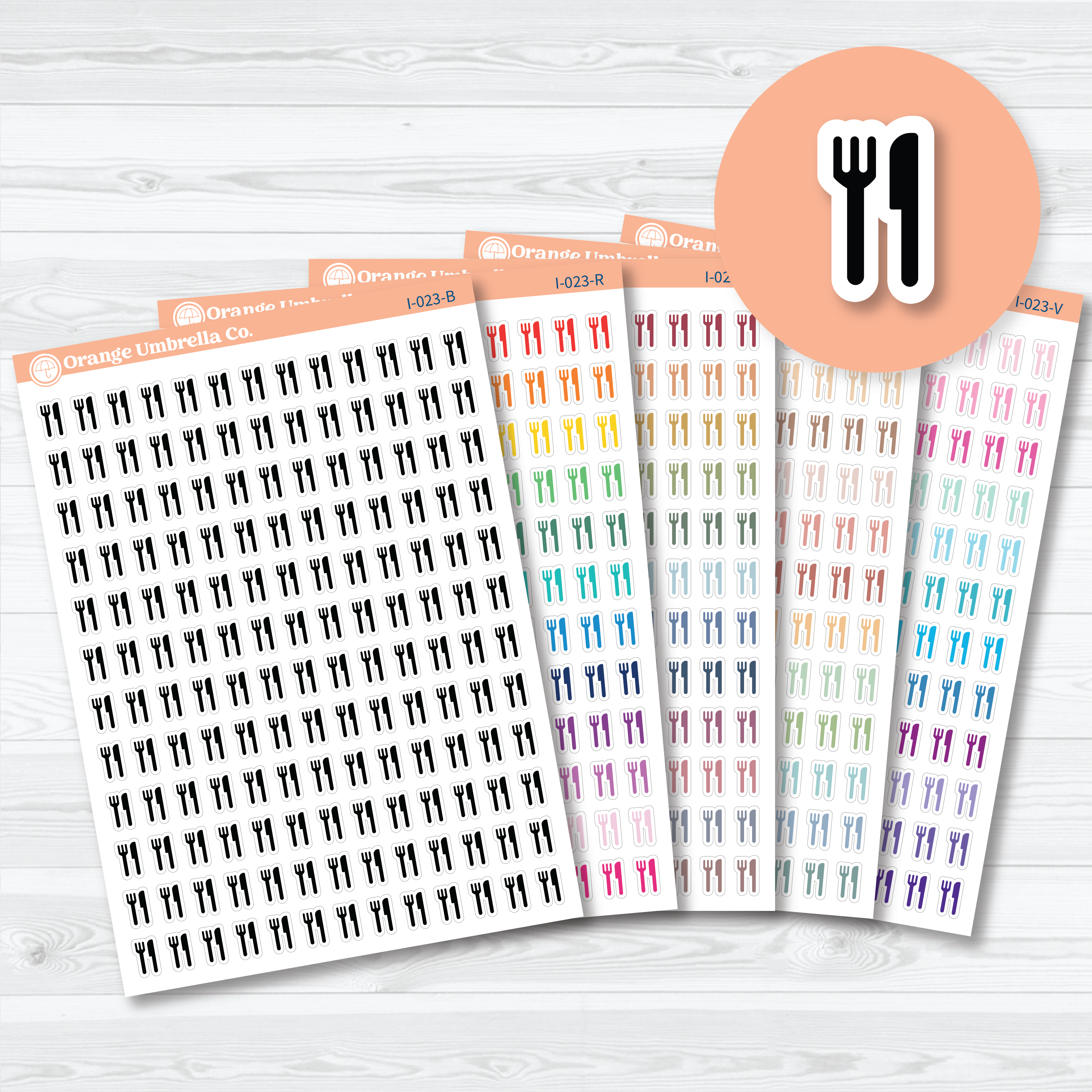 Fork and Knife Icon planner stickers sheet with utensil icons in assorted colors by Orange Umbrella Co