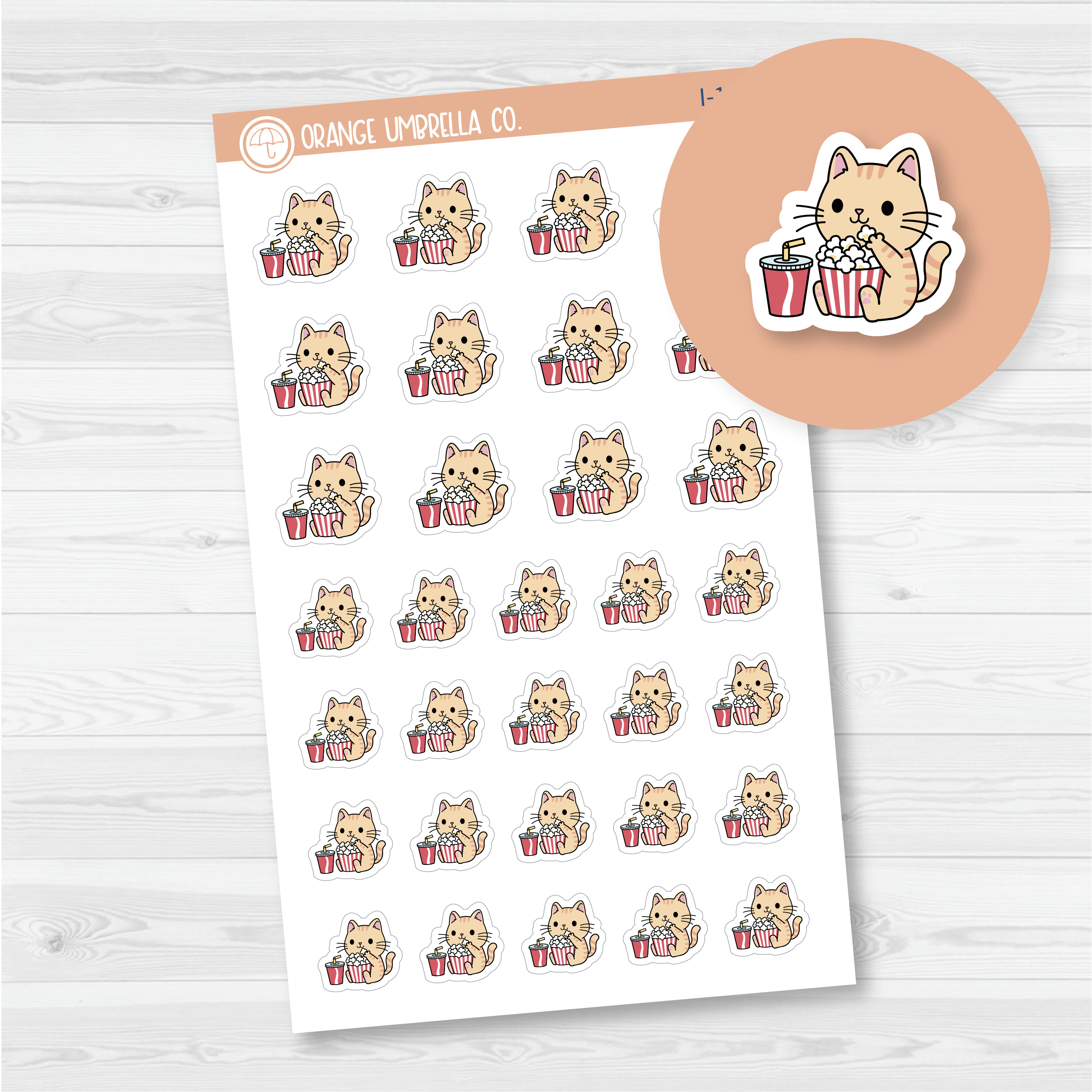 Spazz Cat Popcorn/Movie Night Icon Planner Stickers | I-114