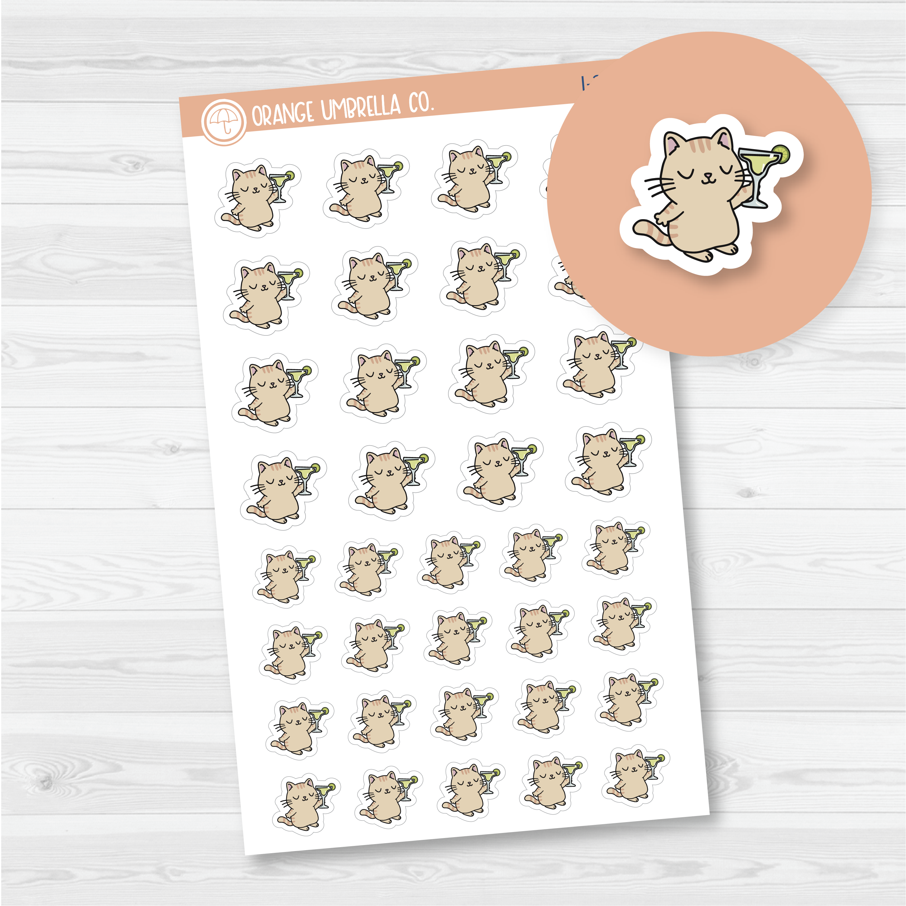 Spazz Cat Margarita Drinking Icon Planner Stickers | Hand Doodled Labels | I-253