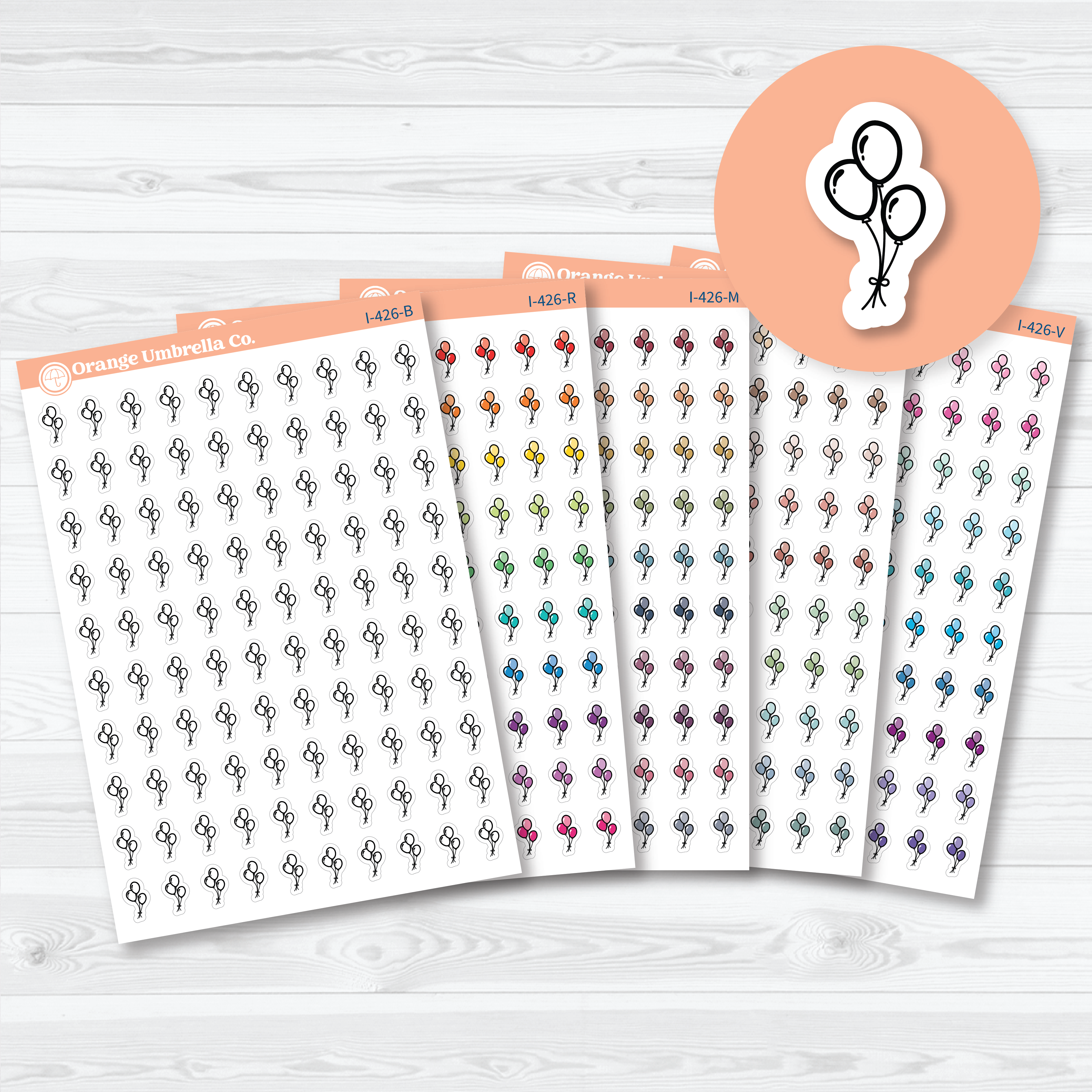 Hand Doodled Balloon Icon planner stickers sheet with colorful sketch-style balloons by Orange Umbrella Co