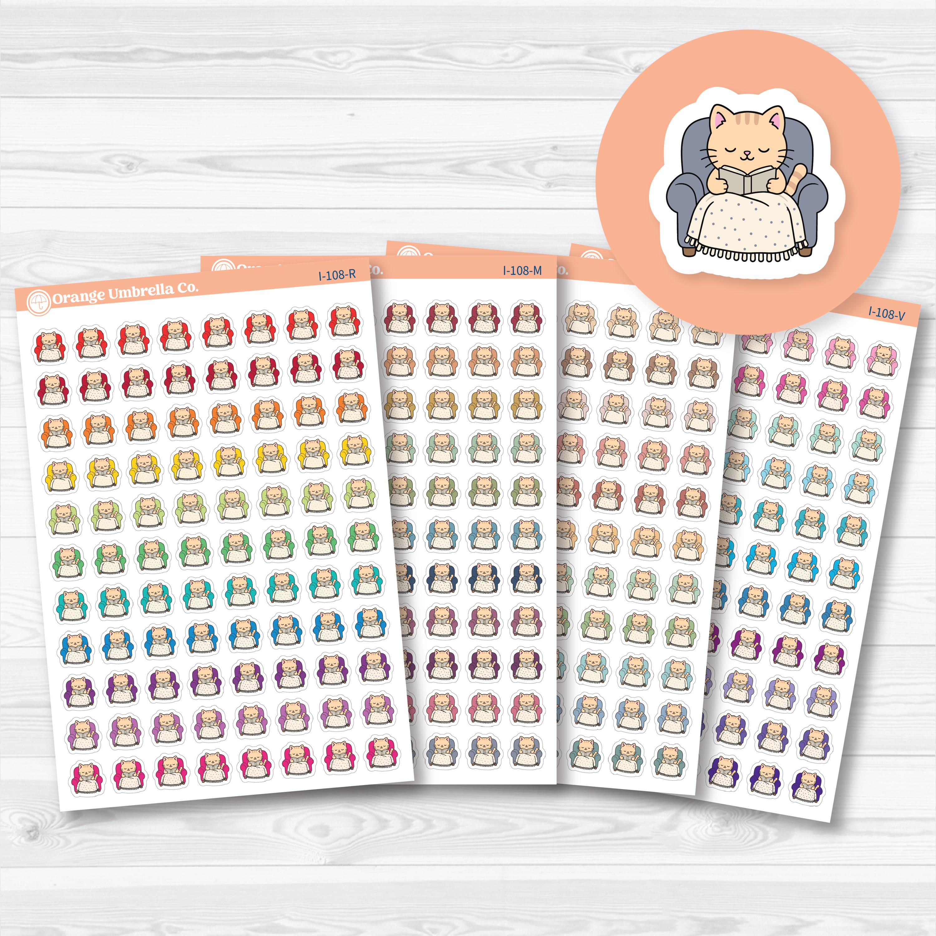 Mini Cozy Reading Spazz planner stickers featuring a cute cat reading in a cozy chair for reading journals, planners, book trackers, and library planning.