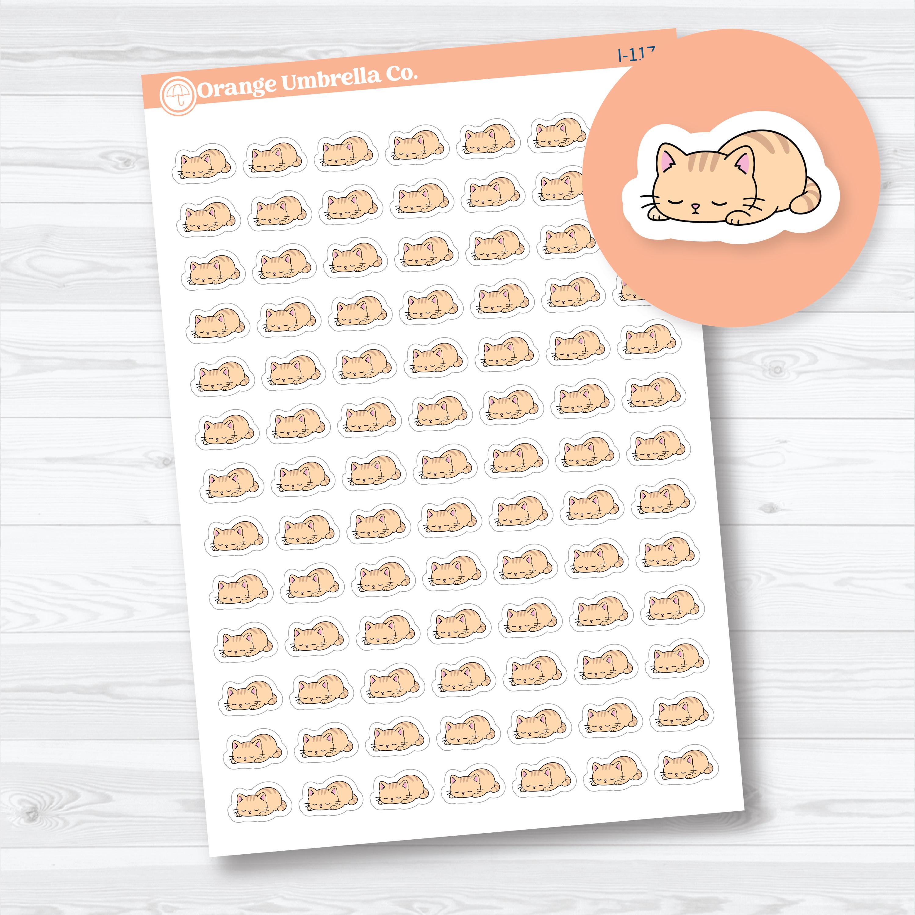 Mini Tired Spazz planner stickers featuring a sleeping cat curled up for naps, rest days, self-care, and planner tracking.