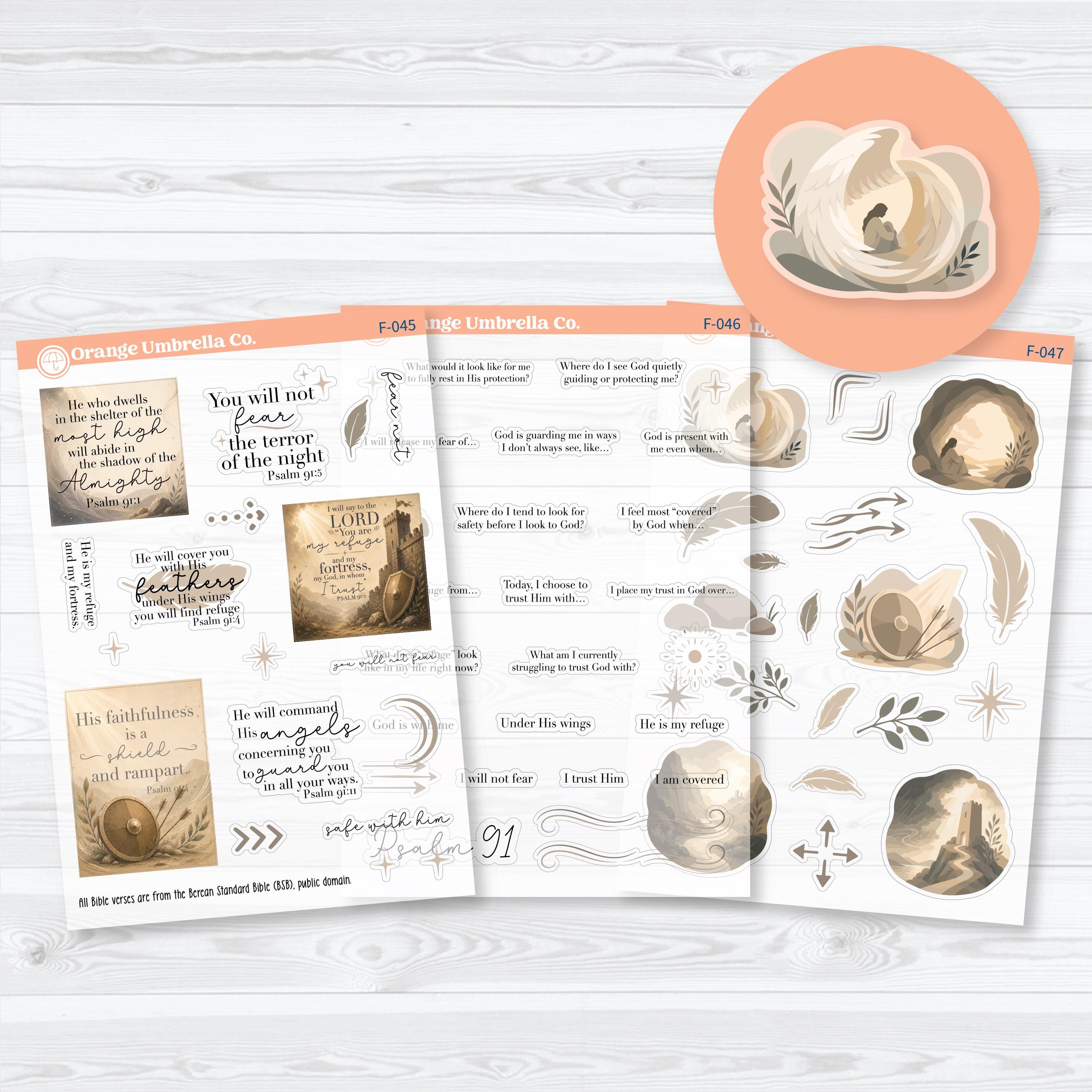 Clear matte Psalm 91 Bible journaling planner stickers with Scripture quotes, devotional prompts, and peaceful faith journaling artwork by Orange Umbrella Co