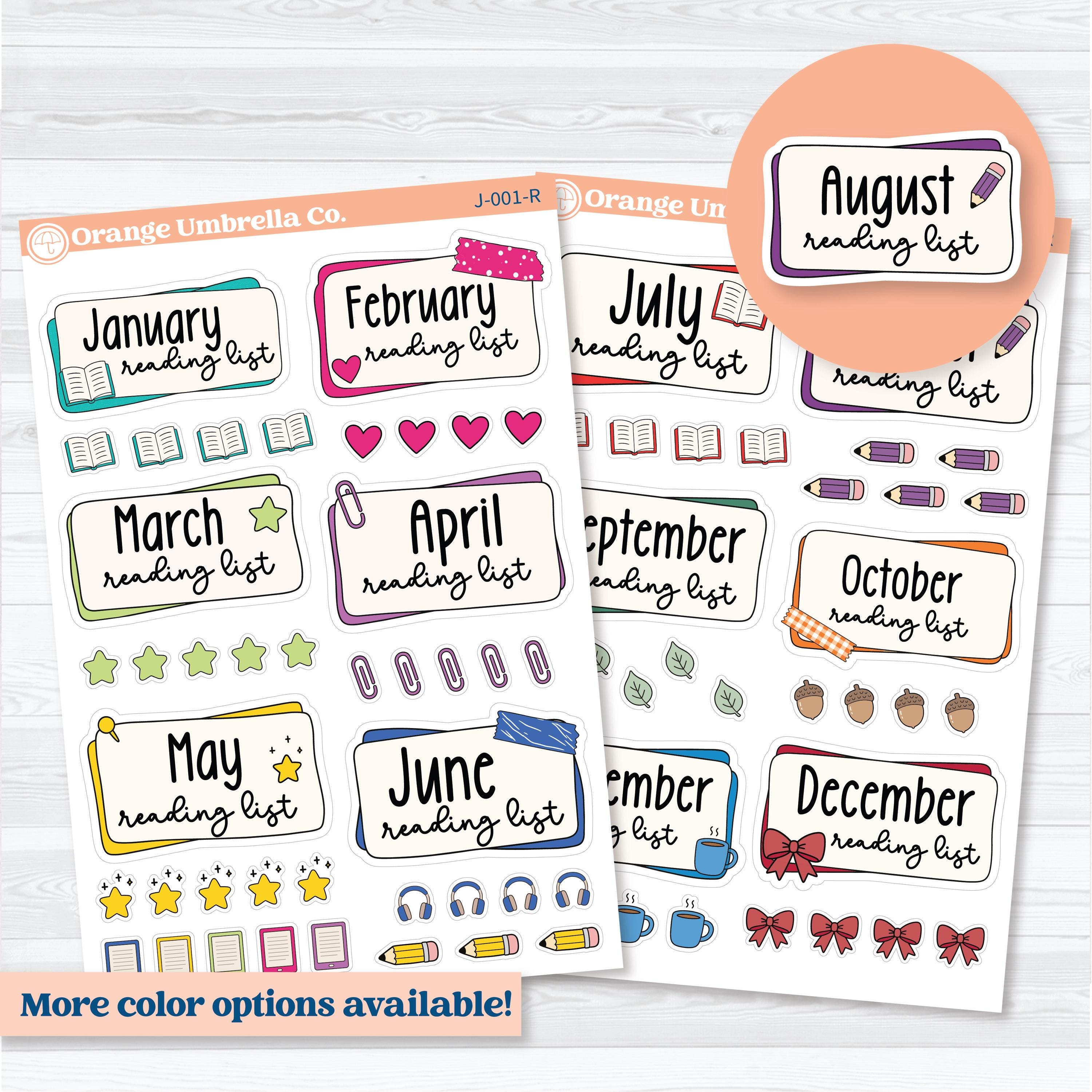 Monthly reading list planner stickers for reading journals with layered labels, bookish icons, and cozy pastel reading tracker designs by Orange Umbrella Co