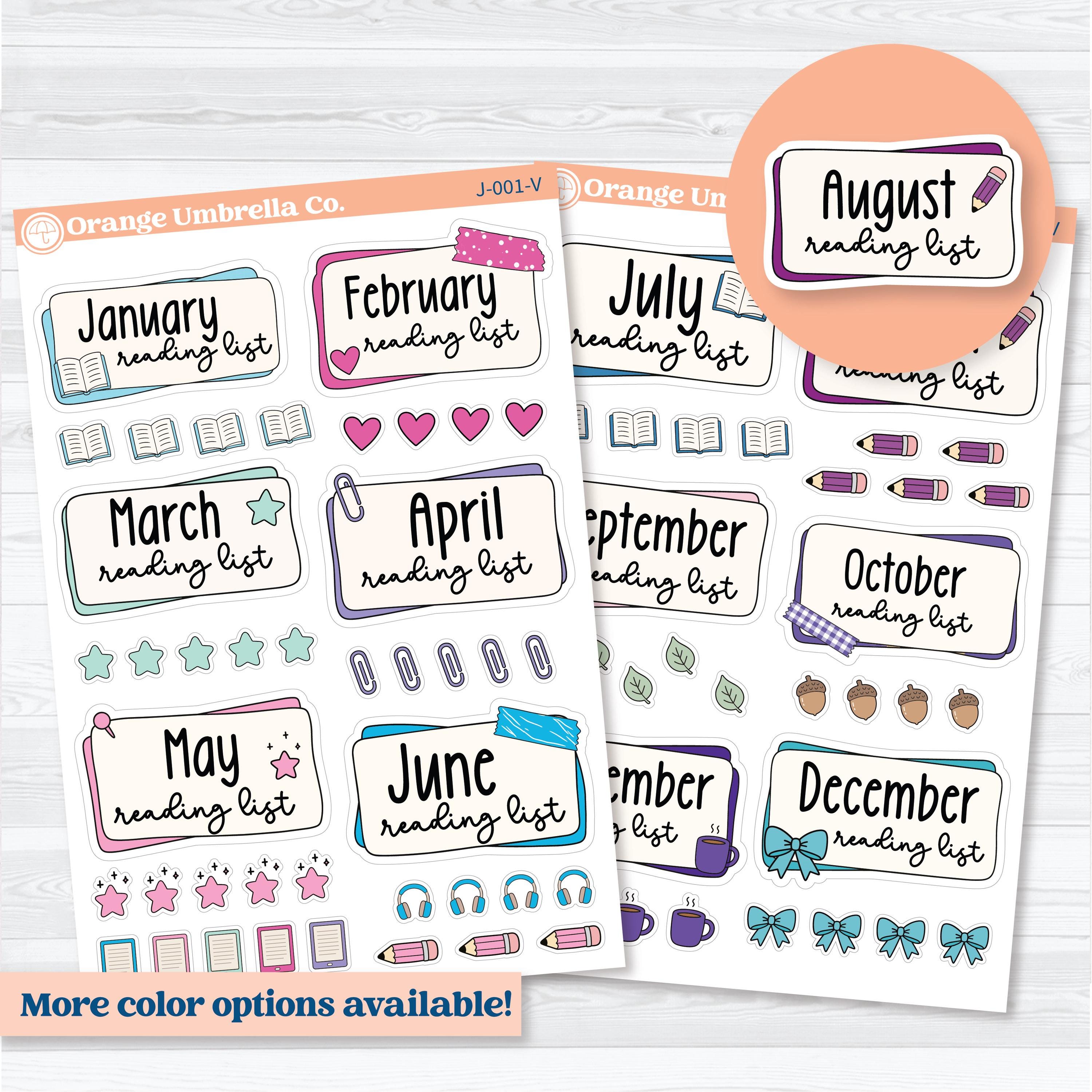 Monthly reading list planner stickers for reading journals with layered labels, bookish icons, and cozy pastel reading tracker designs by Orange Umbrella Co
