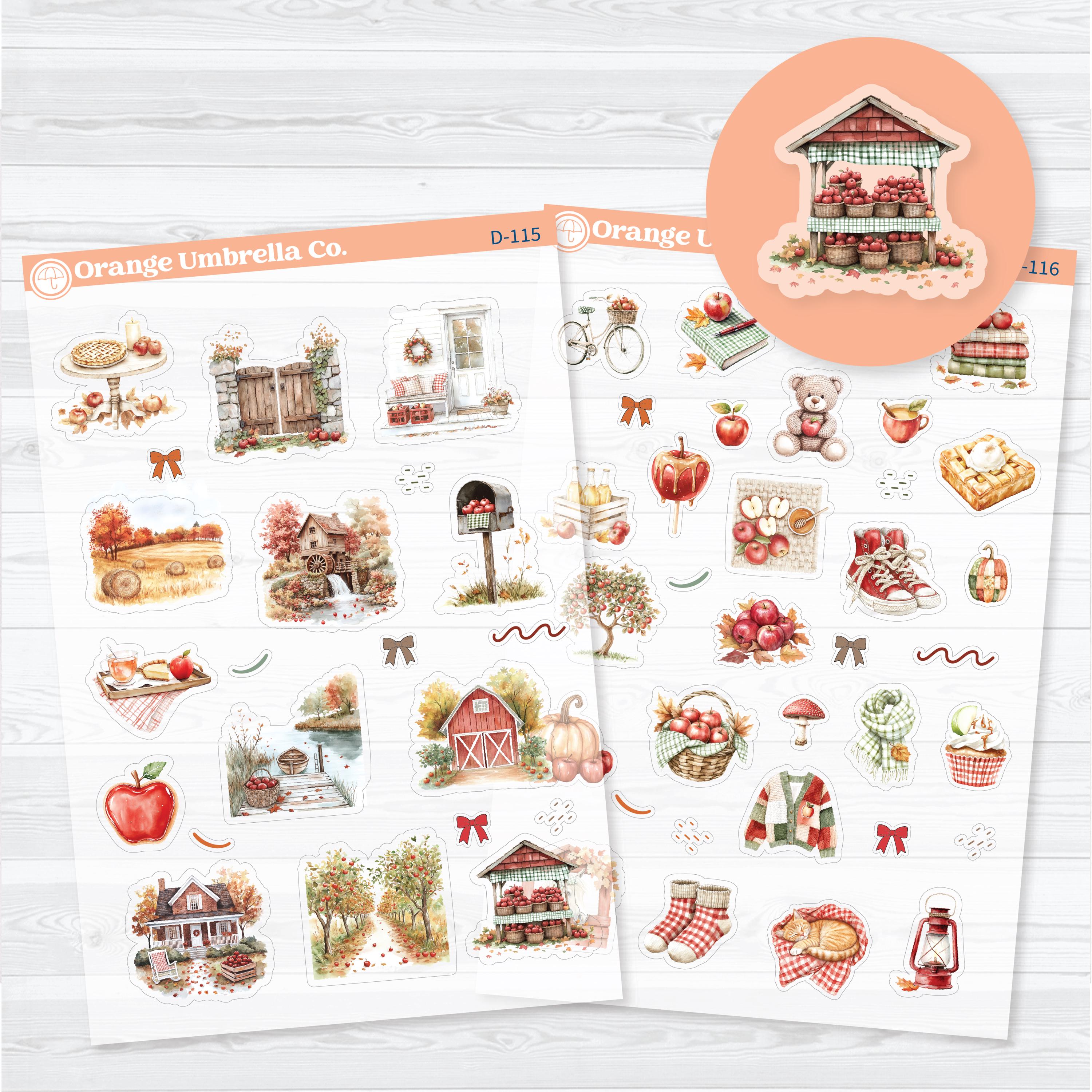 Apple Crisp fall planner deco stickers featuring apple orchards, barns, apples, cozy autumn treats, and seasonal watercolor artwork for planners, journals, and scrapbooks on clear matte sticker paper.