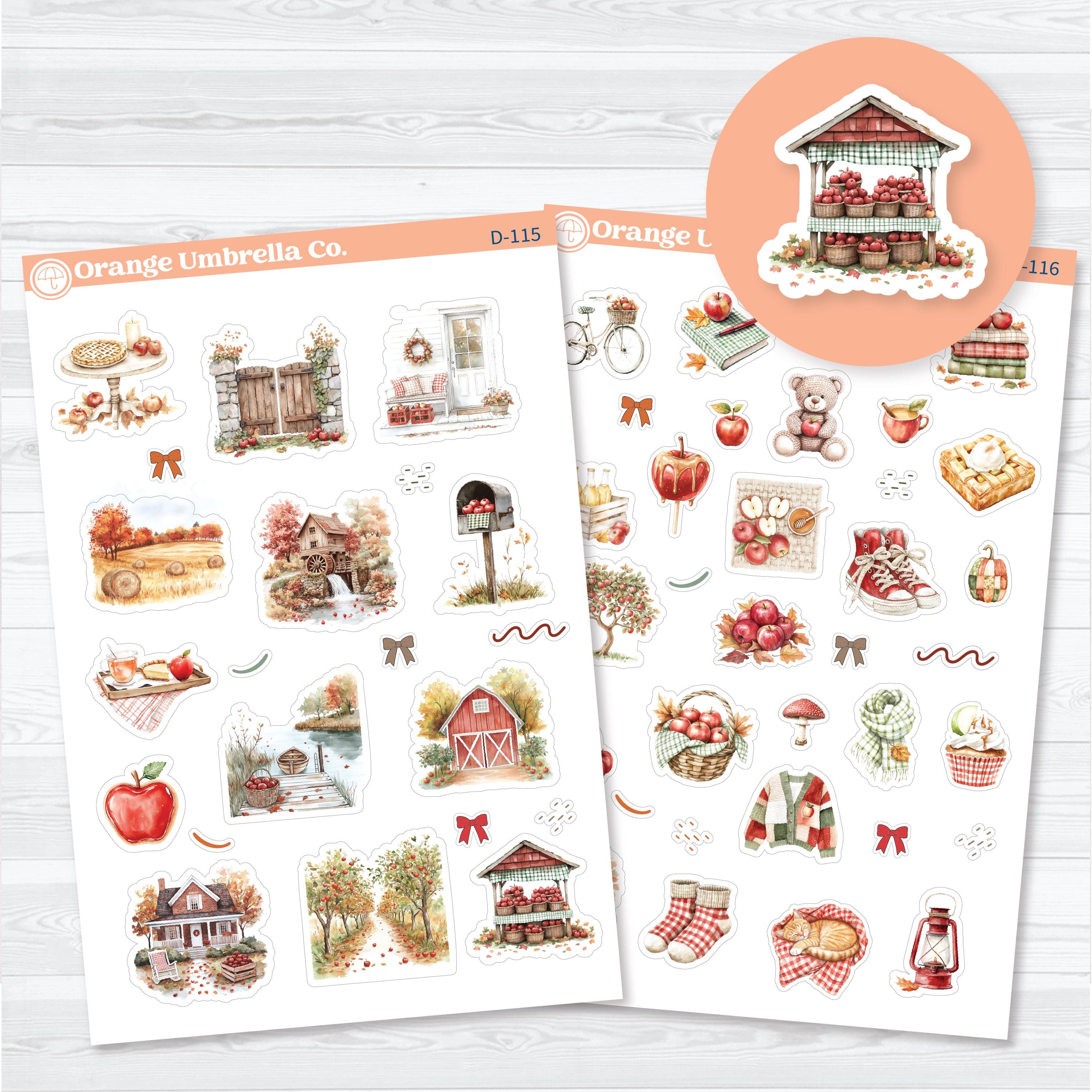 Apple Crisp fall planner deco stickers featuring apple orchards, barns, apples, cozy autumn treats, and seasonal watercolor artwork for planners, journals, and scrapbooks on removable white matte sticker paper.