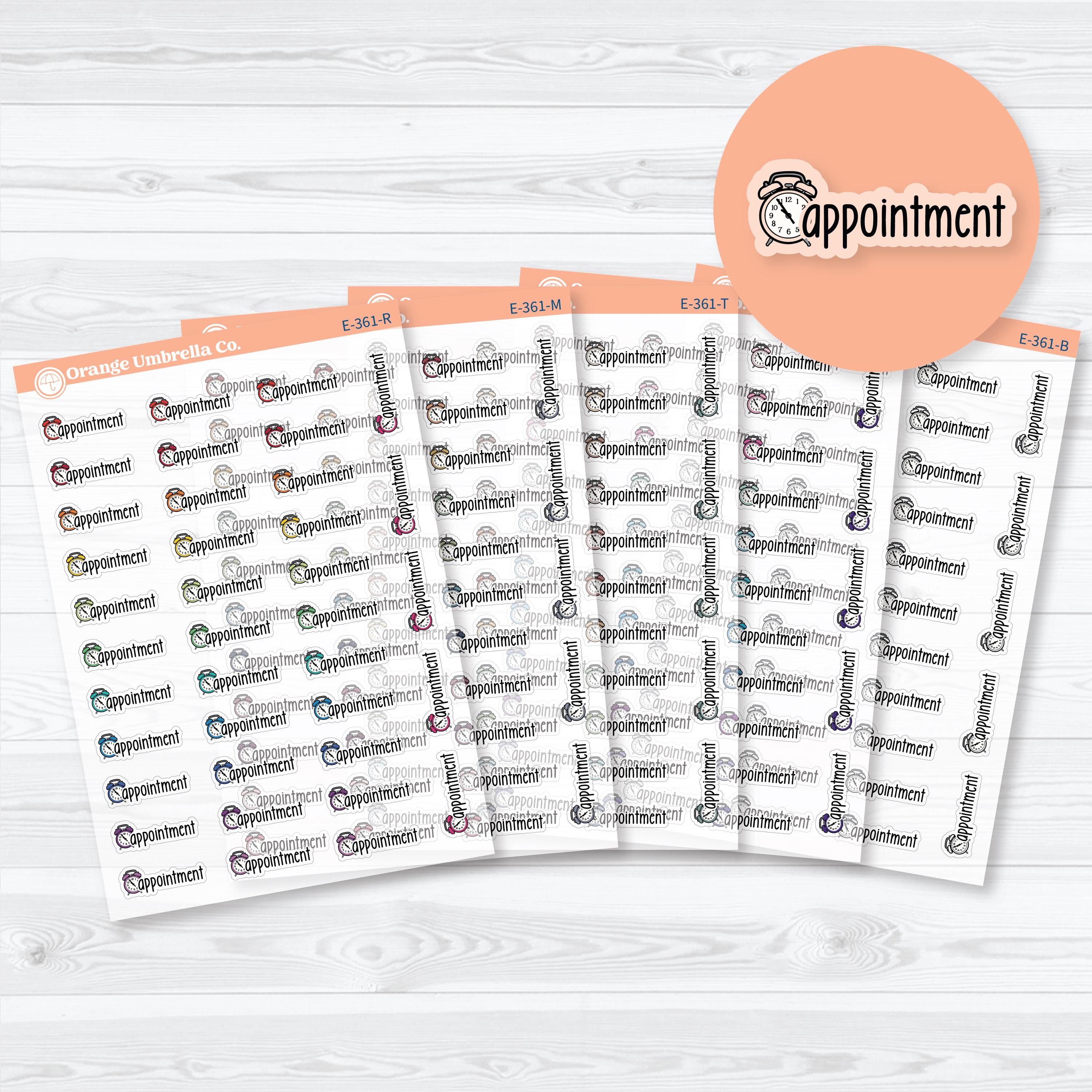 Clear matte hand-doodled appointment planner labels with alarm clock icons for tracking appointments, meetings, and scheduled events in planners and calendars.