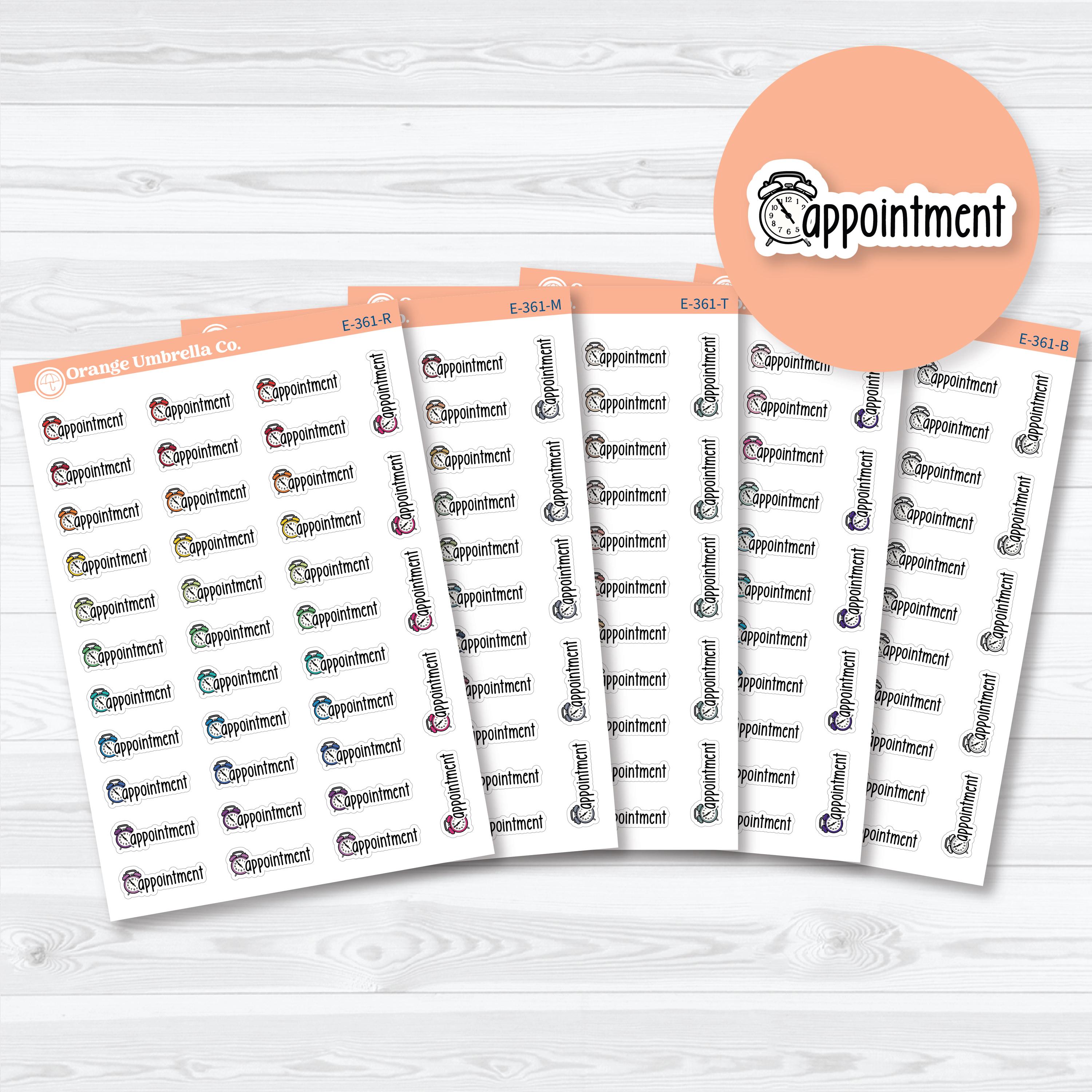 Hand-doodled appointment planner labels with alarm clock icons for tracking appointments, meetings, and scheduled events in planners and calendars.