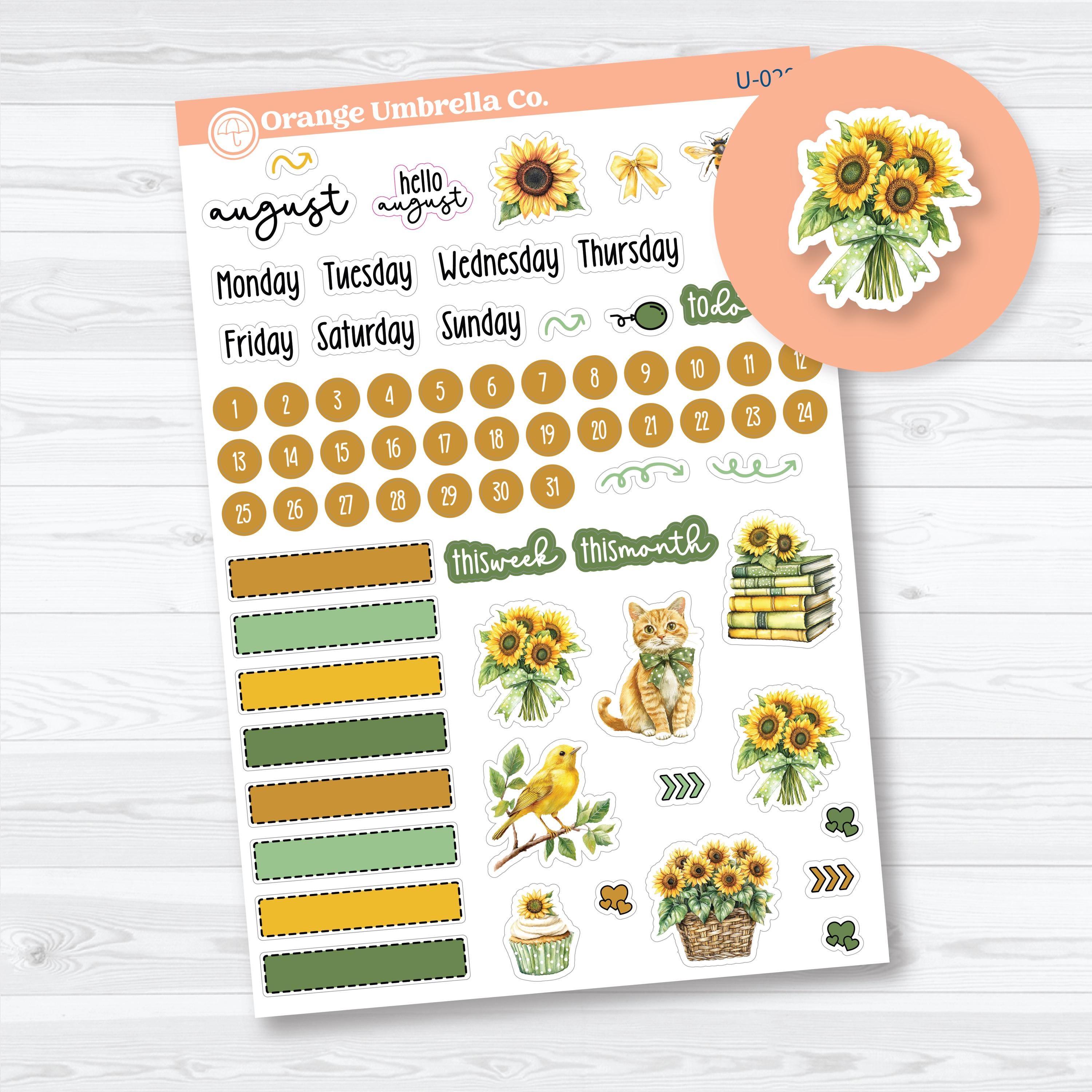 August sunflower universal planner sticker kit with functional planner labels, weekday headers, date dots, floral deco, and seasonal planner stickers.