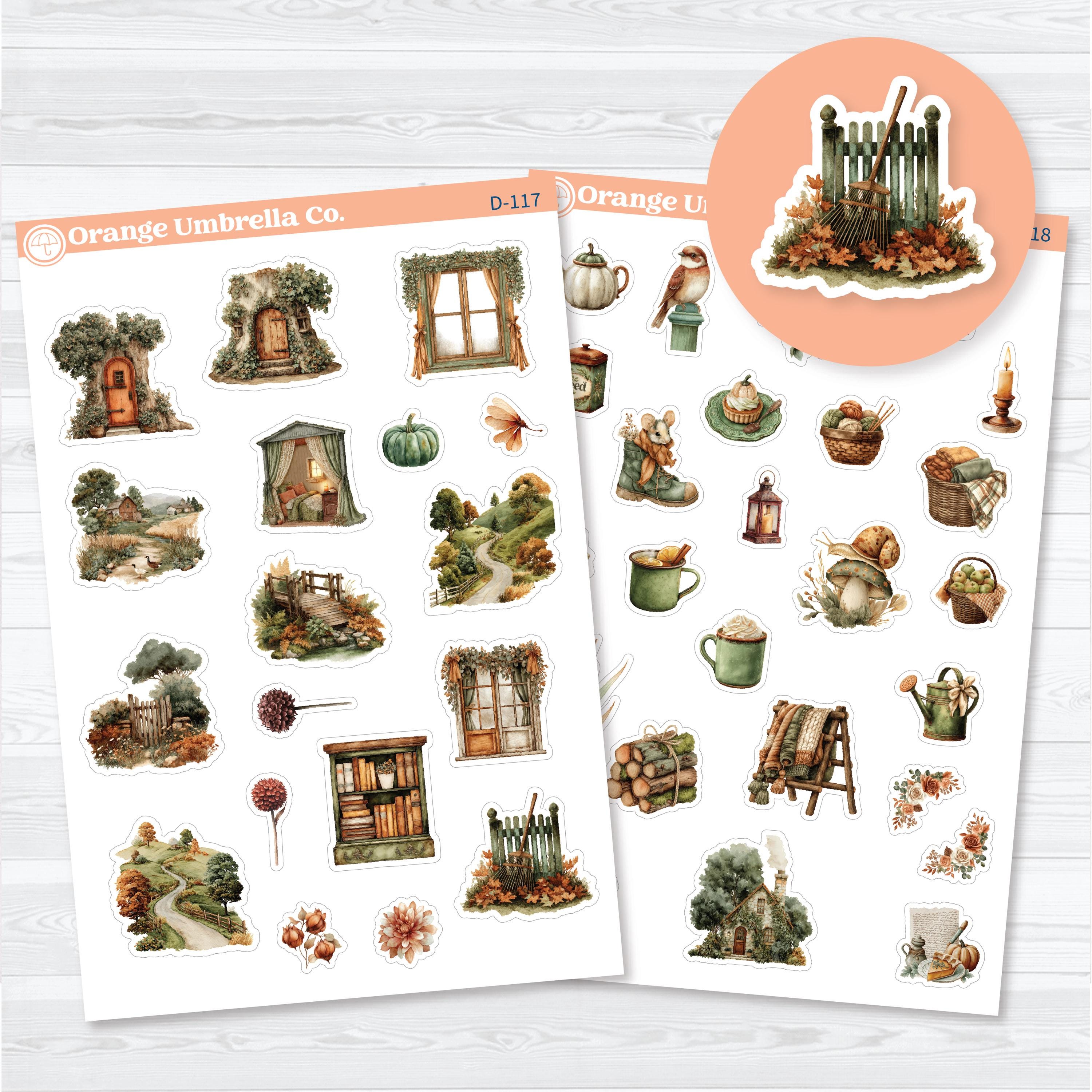Autumn Stroll fall planner deco stickers featuring cozy cottages, woodland landscapes, books, pumpkins, warm drinks, and seasonal decorative artwork for planners, journals, and scrapbooks on removable white matte sticker paper.