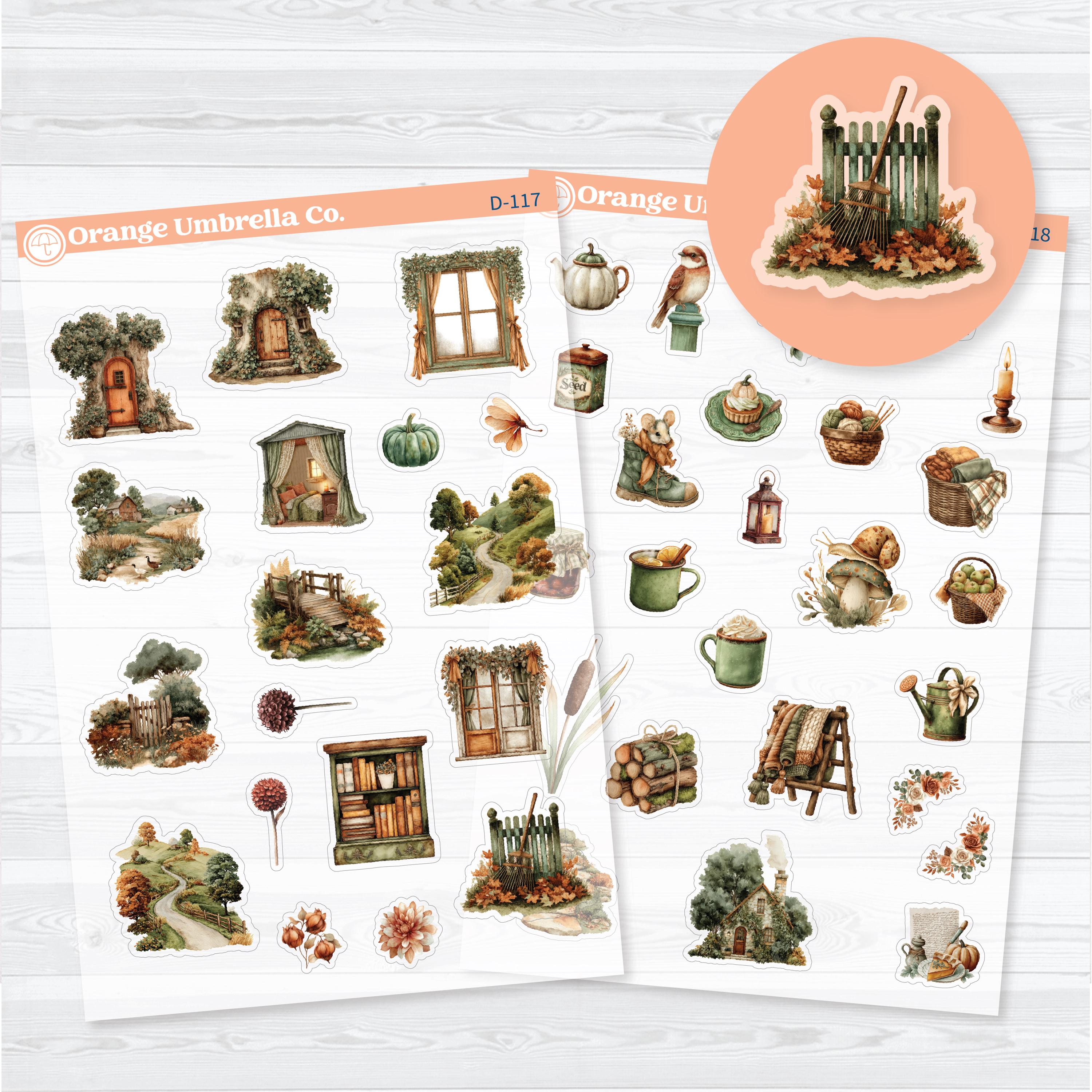 Autumn Stroll fall planner deco stickers featuring cozy cottages, woodland landscapes, books, pumpkins, warm drinks, and seasonal decorative artwork for planners, journals, and scrapbooks on clear matte sticker paper.