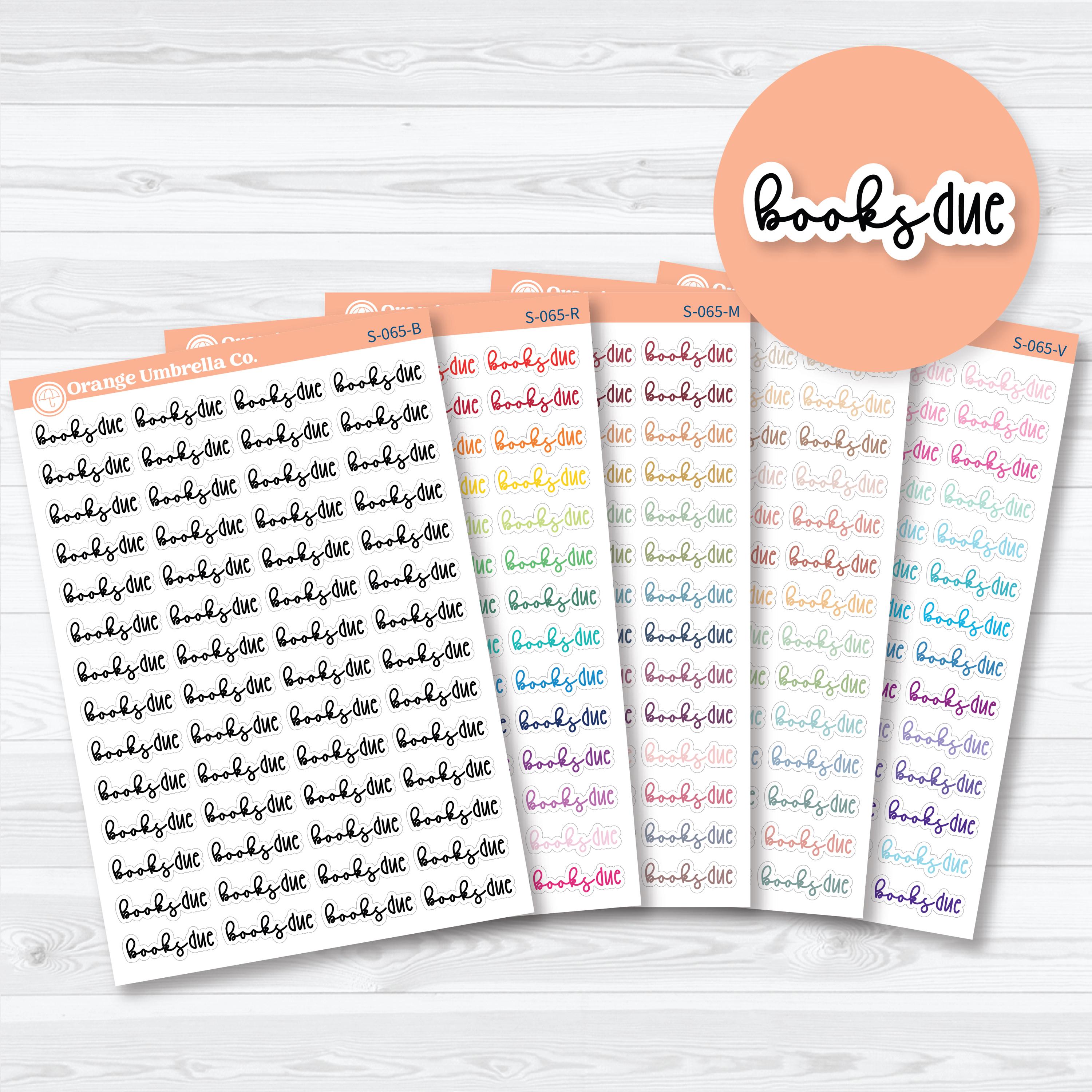 Books Due script planner stickers for reading journals, library trackers, book logs, and reading challenge spreads in Font 18 by Orange Umbrella Co