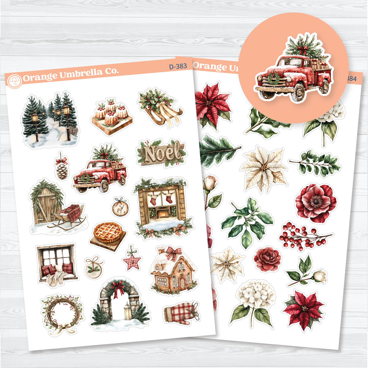 Two-sheet Christmas village decorative planner sticker set with snowy scenes, a red truck, poinsettias, greenery, berries, and holiday florals.
