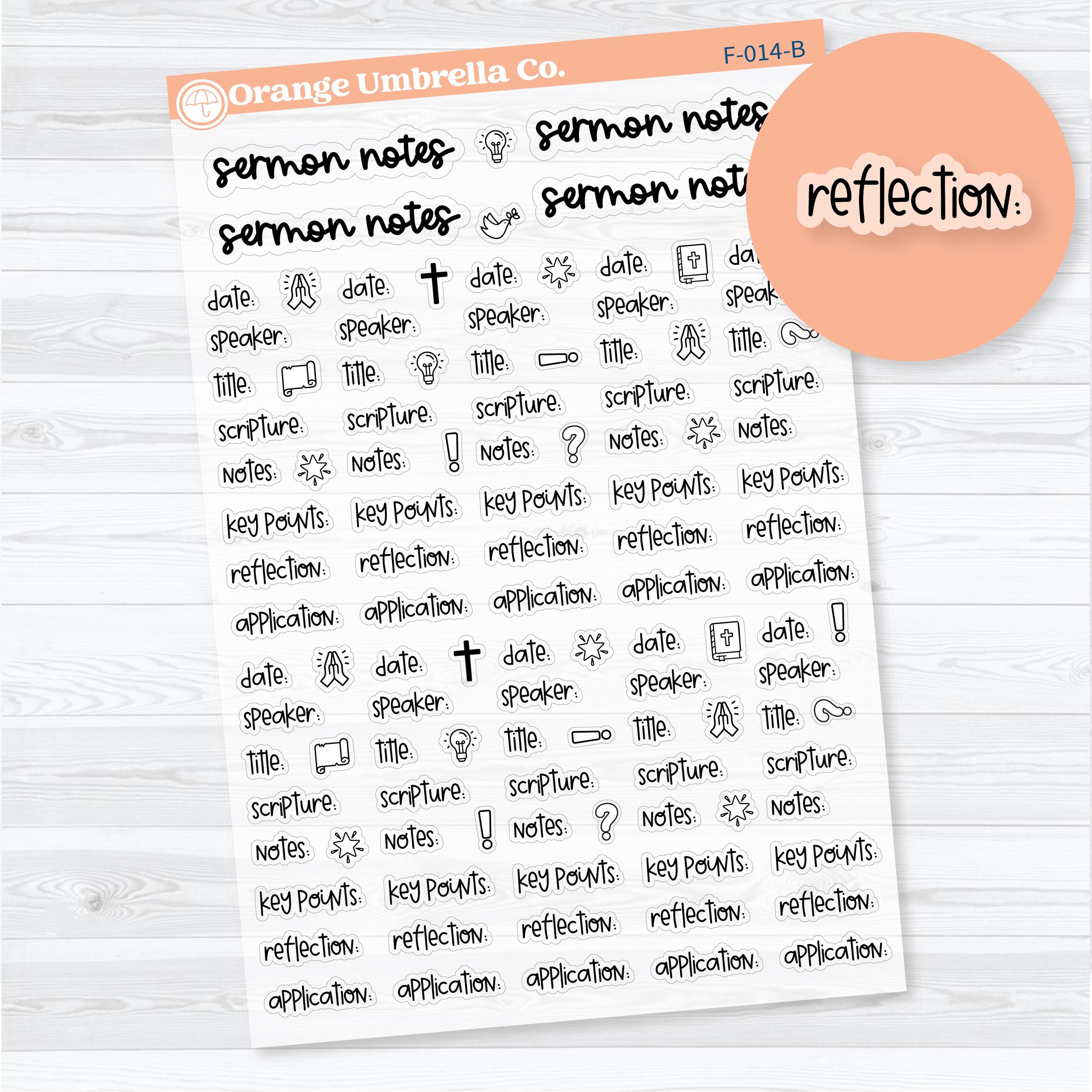 Clear matte sermon notes planner stickers with labels for scripture, key points, reflection, and application for Bible journaling and sermon notebooks