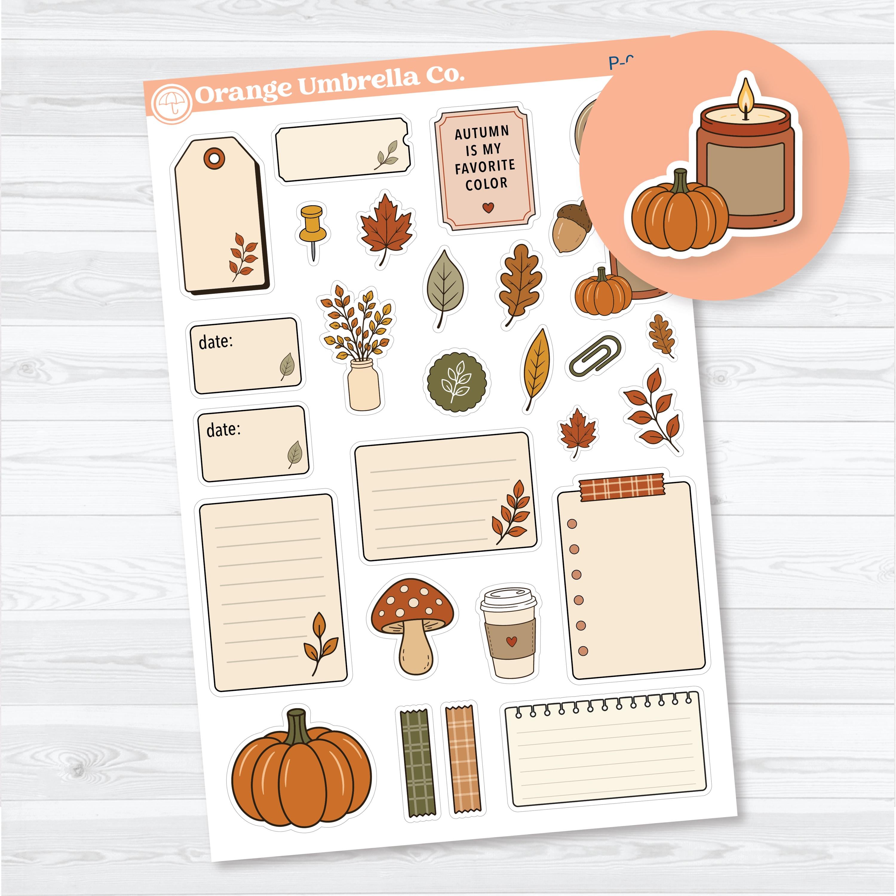 Cozy autumn paper pieces ephemera planner stickers featuring pumpkins, candles, mushrooms, note papers, labels, leaves, coffee cups, and seasonal journaling accents on removable white matte sticker paper.