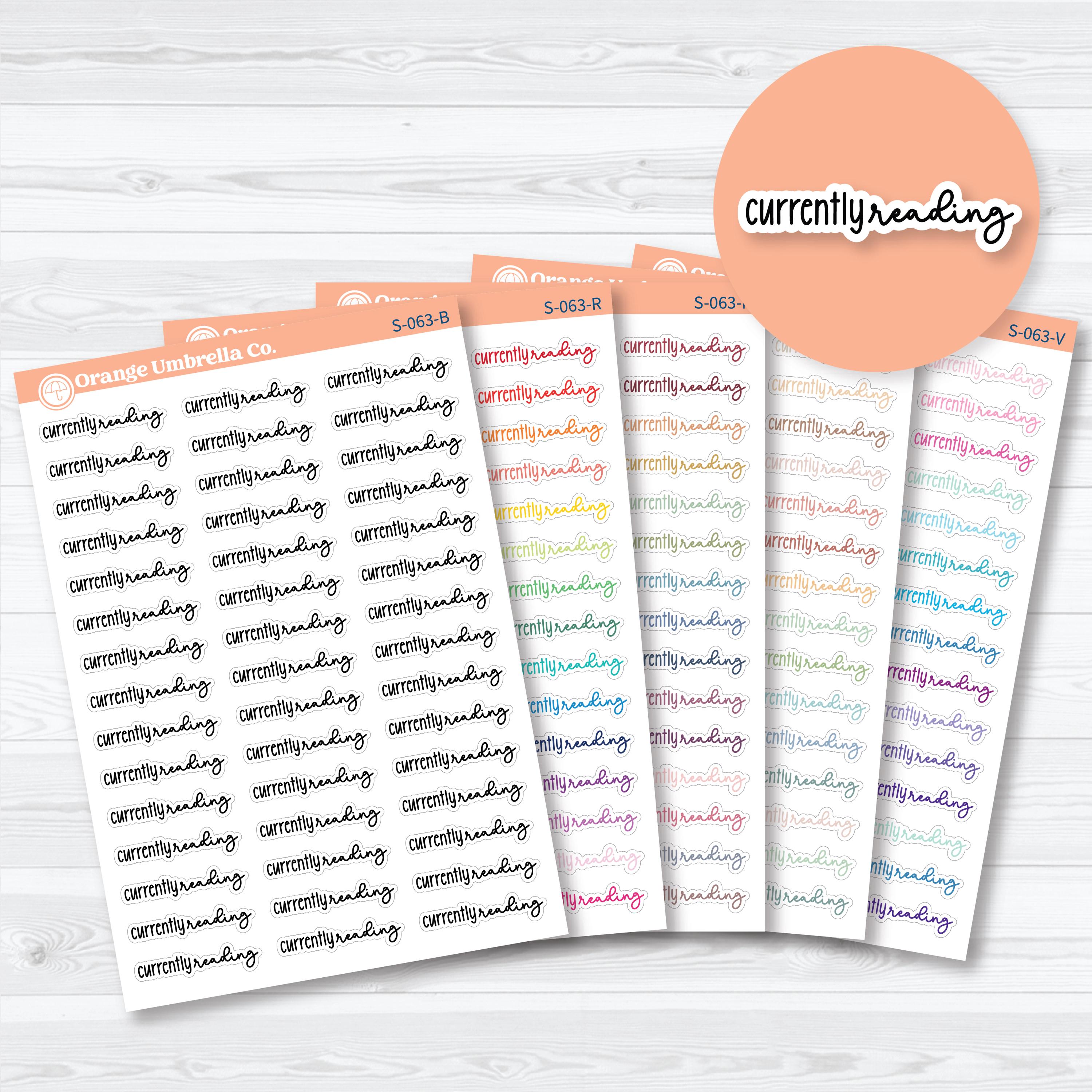 Currently Reading script planner stickers for reading journals, book trackers, and reading challenge spreads in Font 18 by Orange Umbrella Co