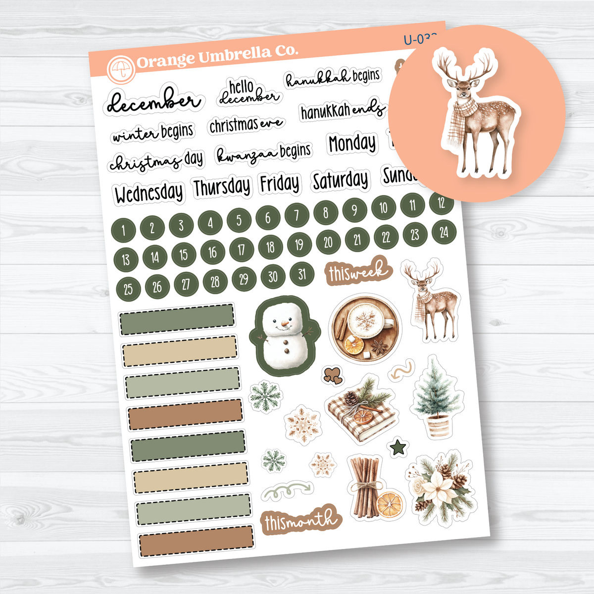 December Universal Journal Kit sticker sheet with month and weekday headings, date dots, blank labels, holiday wording, a deer, snowman, warm drink, and winter accents.