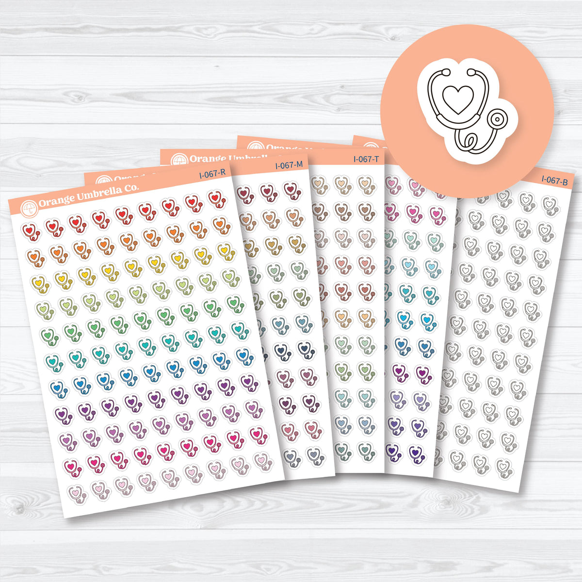 Doctor appointment stethoscope icon planner stickers in black and assorted color palettes for marking medical visits, checkups, and healthcare reminders.