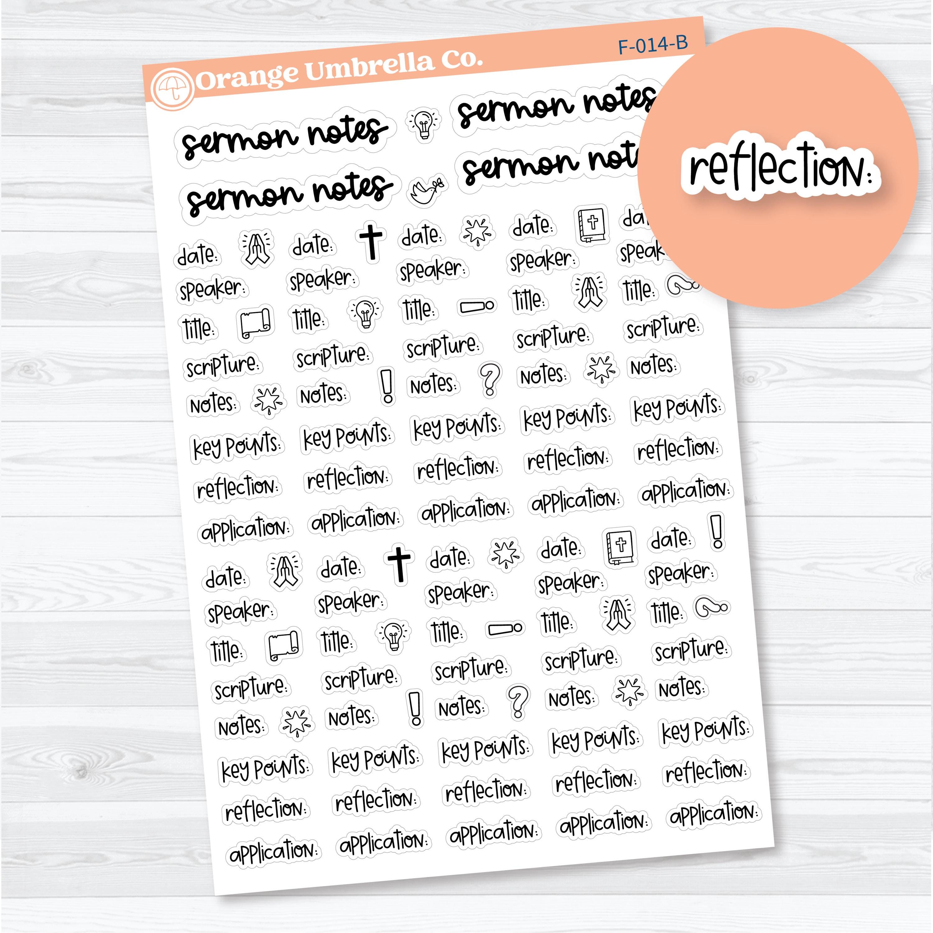 Sermon notes planner stickers with labels for scripture, key points, reflection, and application for Bible journaling and church planners