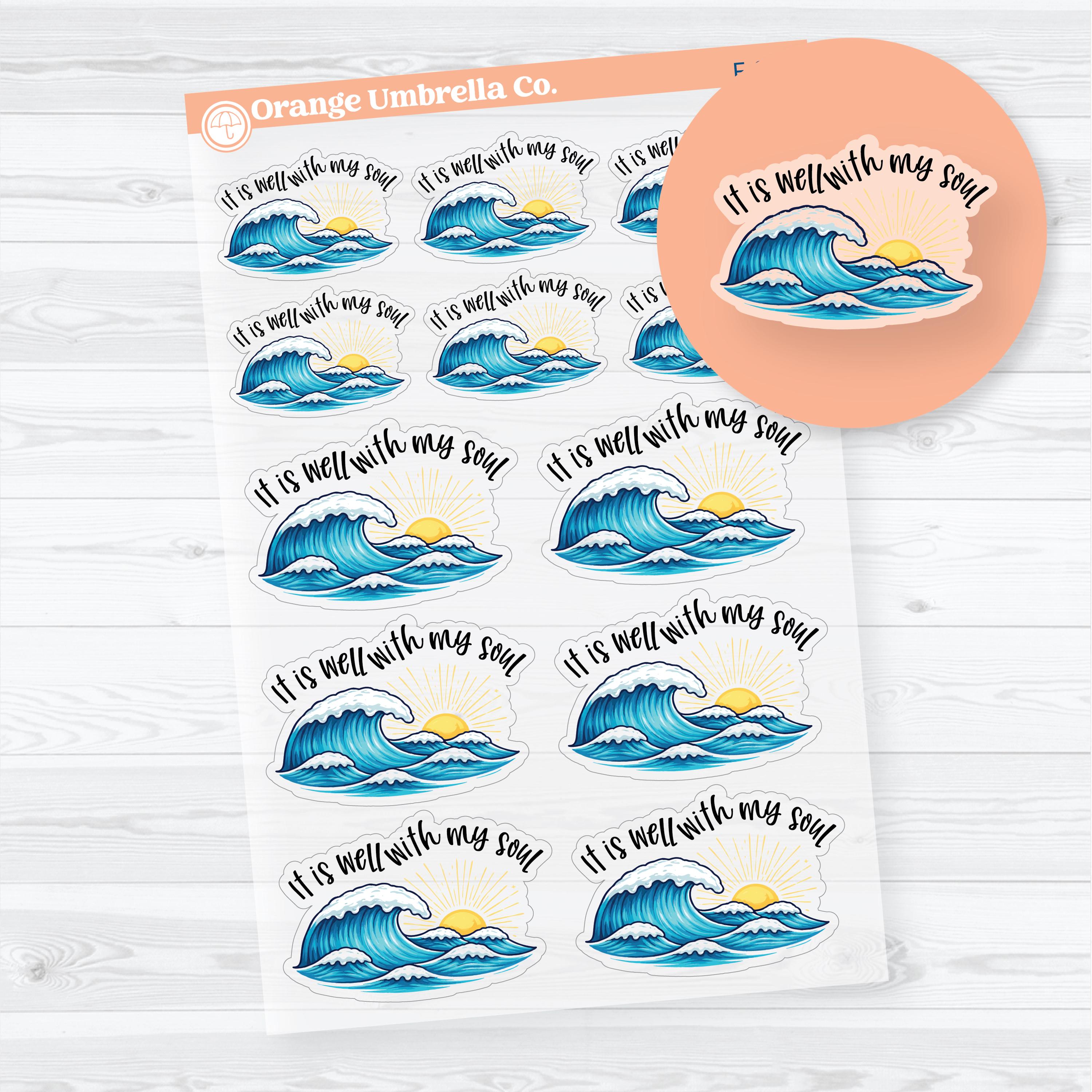 clear matte faith planner stickers with it is well with my soul phrase and ocean wave design for bible journaling and layering