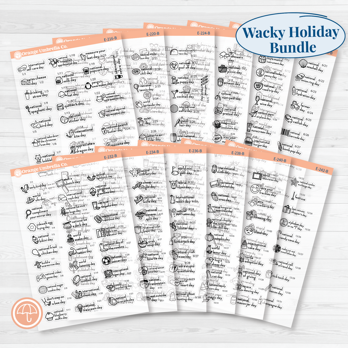 Full-year F16 mini wacky holiday sticker bundle showing 12 monthly sheets from January through December in black outline on clear matte paper.