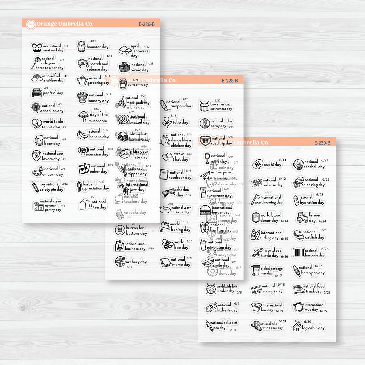 April through June sticker sheets from the F16 mini Wacky Holidays bundle, black outline on clear matte paper.