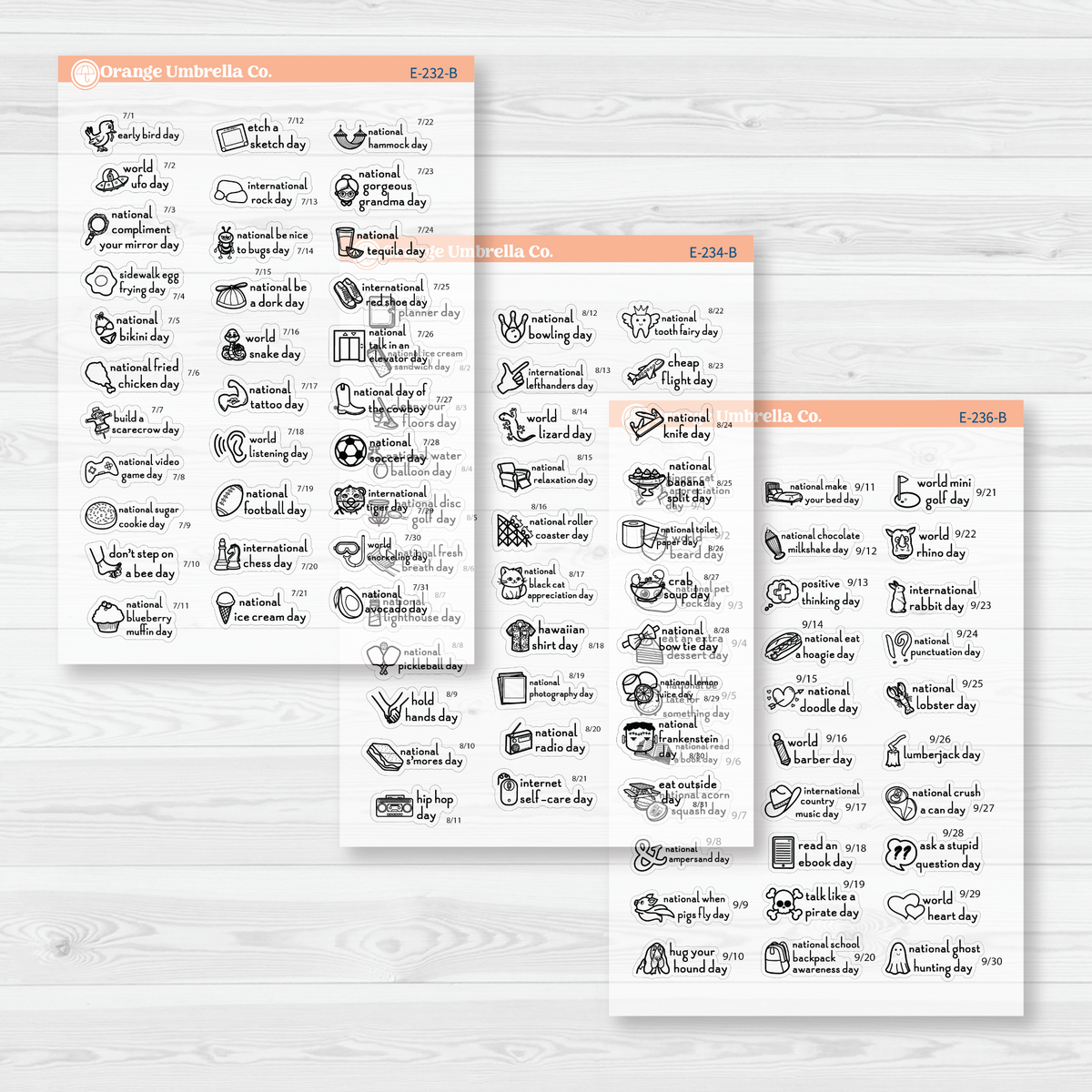 July through September sticker sheets from the F16 mini Wacky Holidays bundle, black outline on clear matte paper.