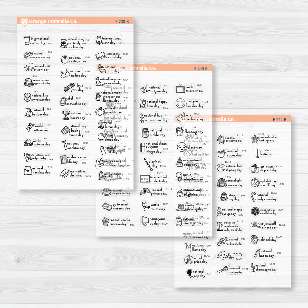 October through December sticker sheets from the F16 mini Wacky Holidays bundle, black outline on clear matte paper.