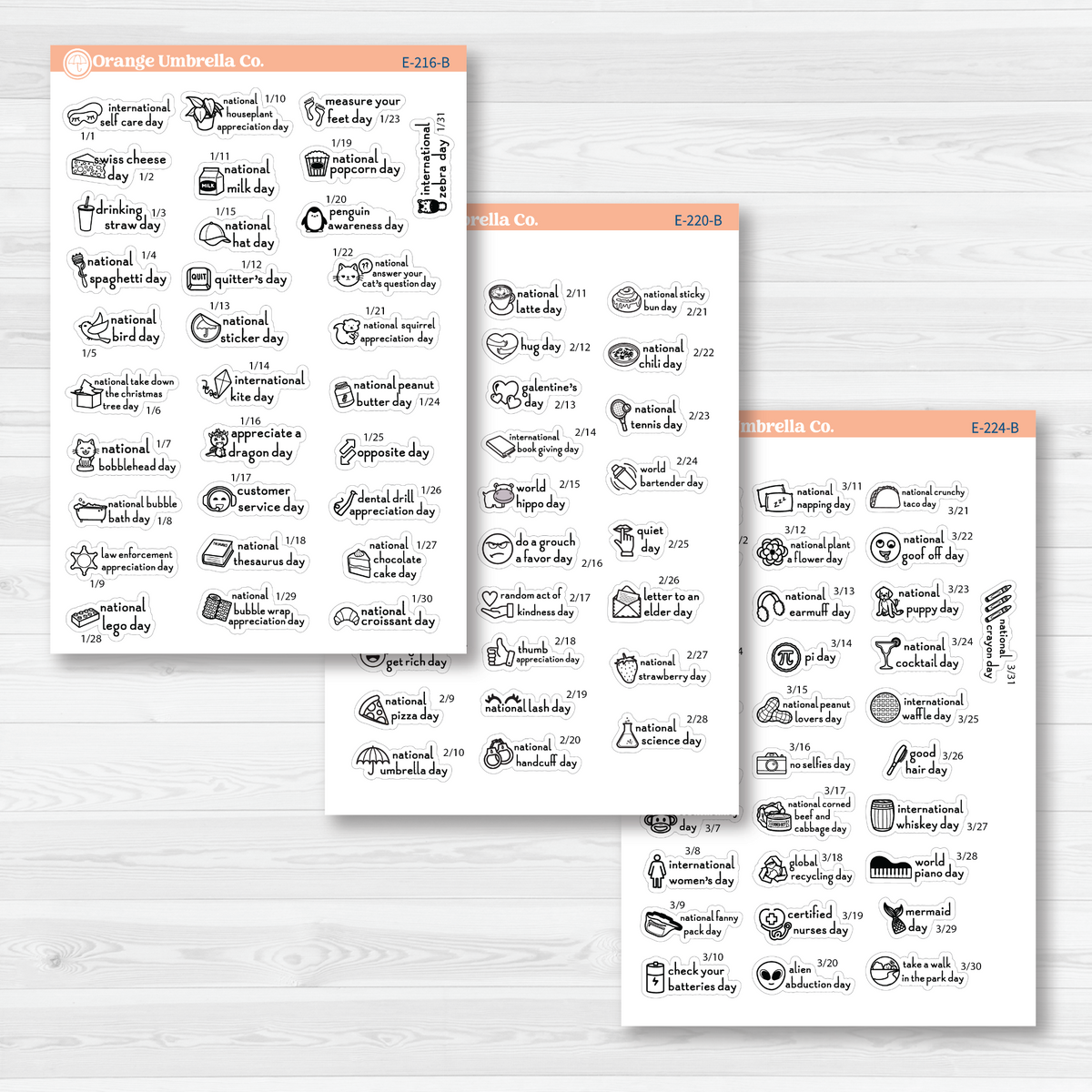 January through March sticker sheets from the F16 mini Wacky Holidays bundle, black outline on removable white matte paper.