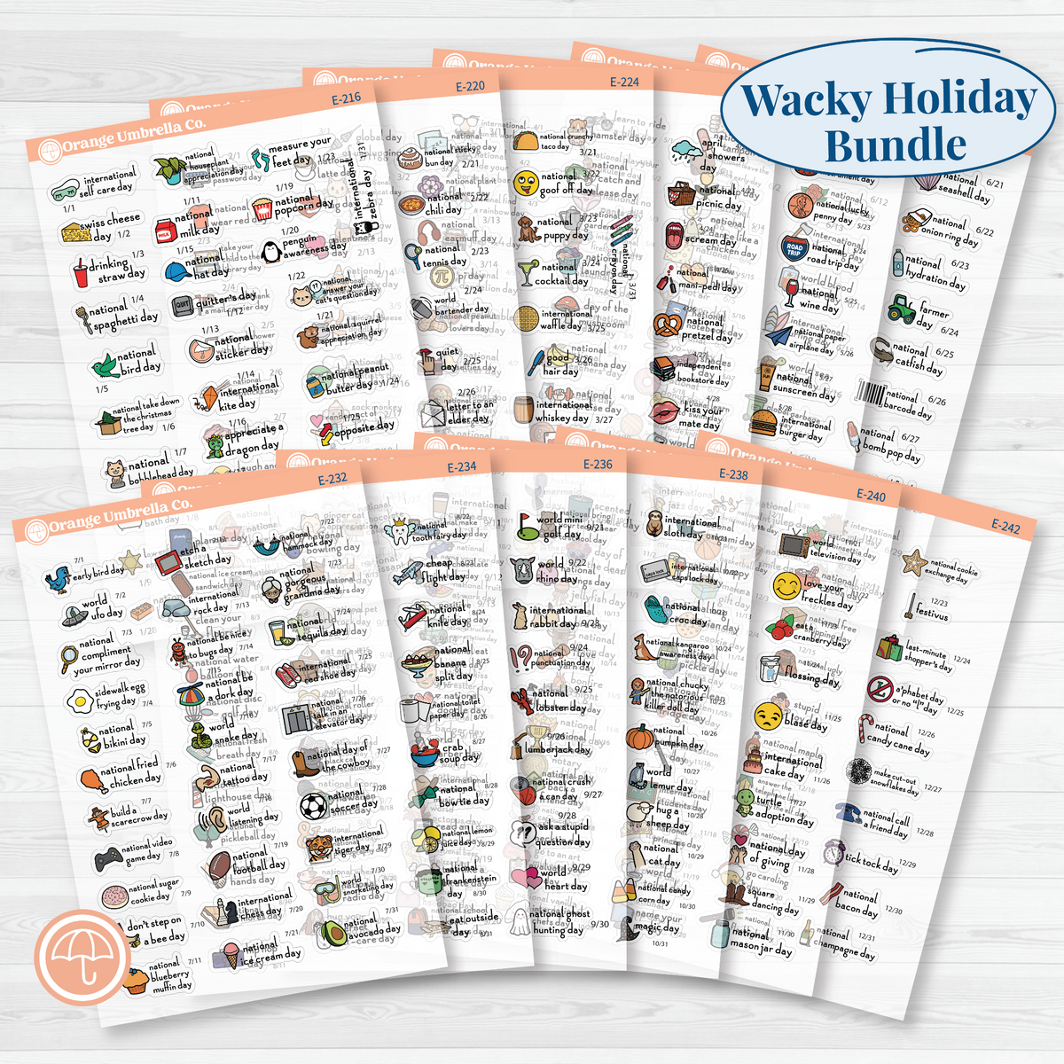 Full-year F16 mini wacky holiday sticker bundle showing 12 monthly sheets from January through December in color on clear matte paper.