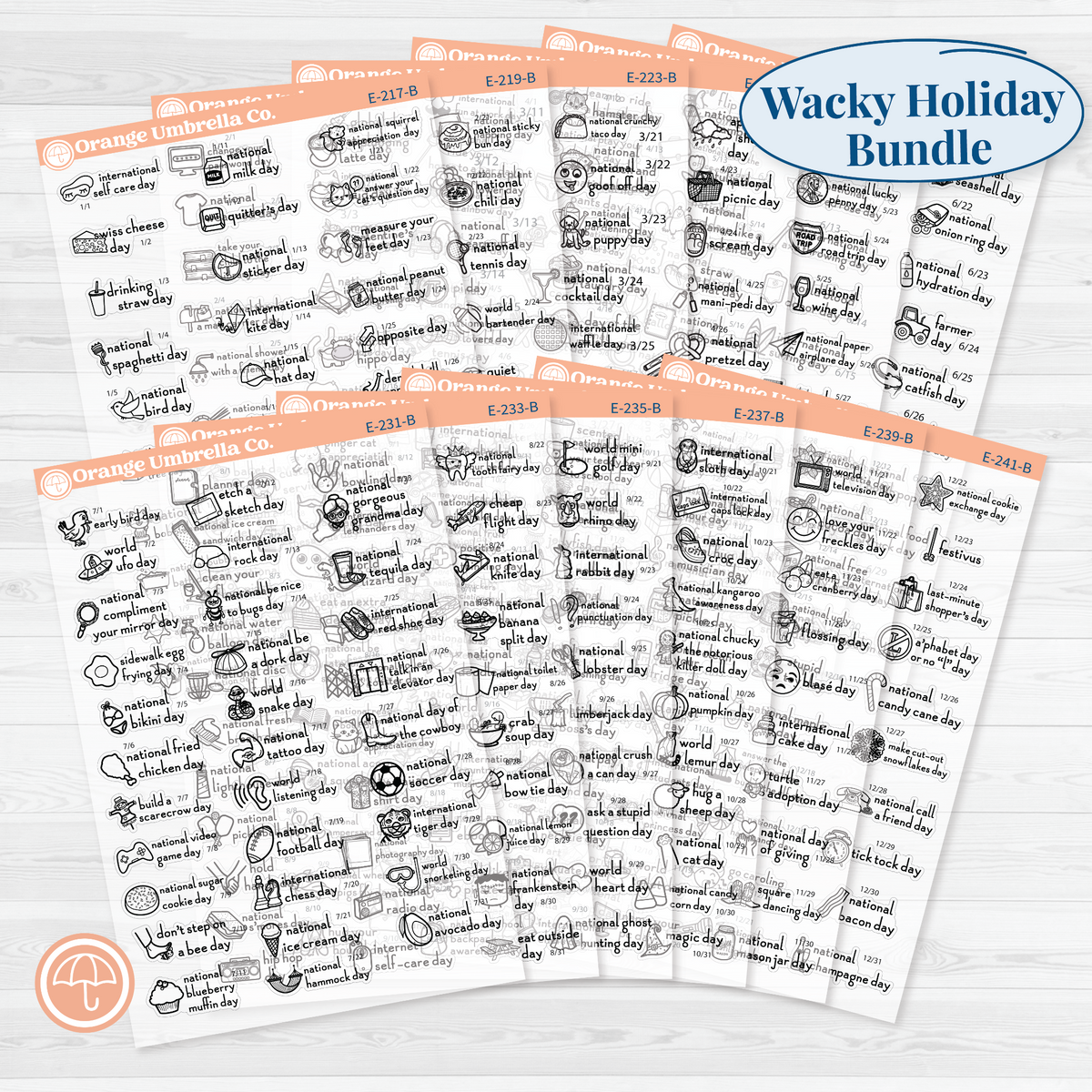 Full-year F16 regular wacky holiday sticker bundle showing 12 monthly sheets from January through December in black outline on clear matte paper.