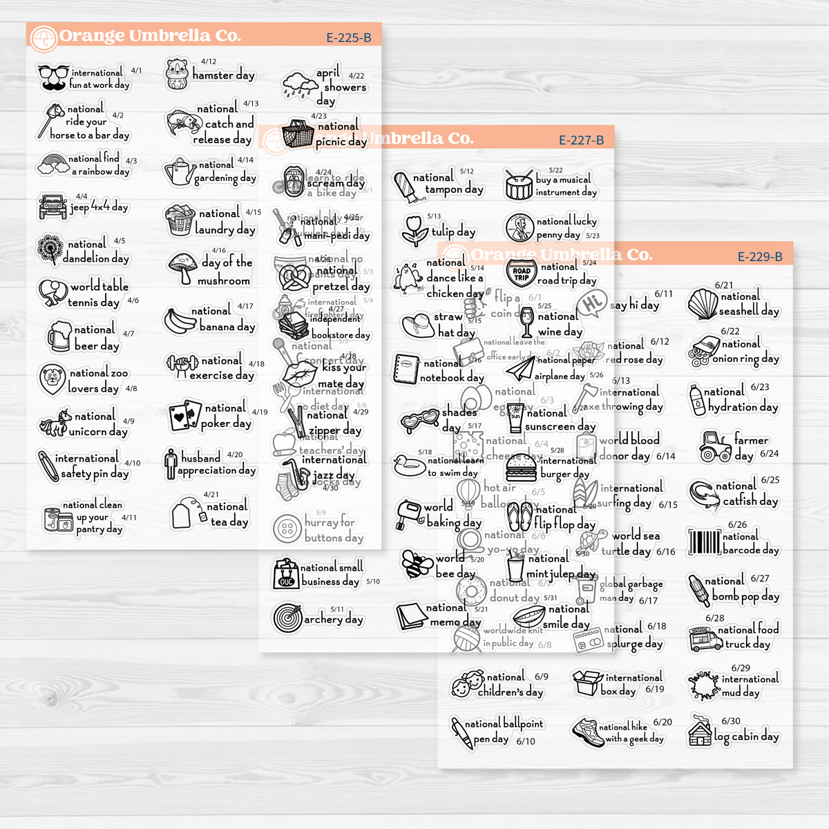 April through June sticker sheets from the F16 regular Wacky Holidays bundle, black outline on clear matte paper.