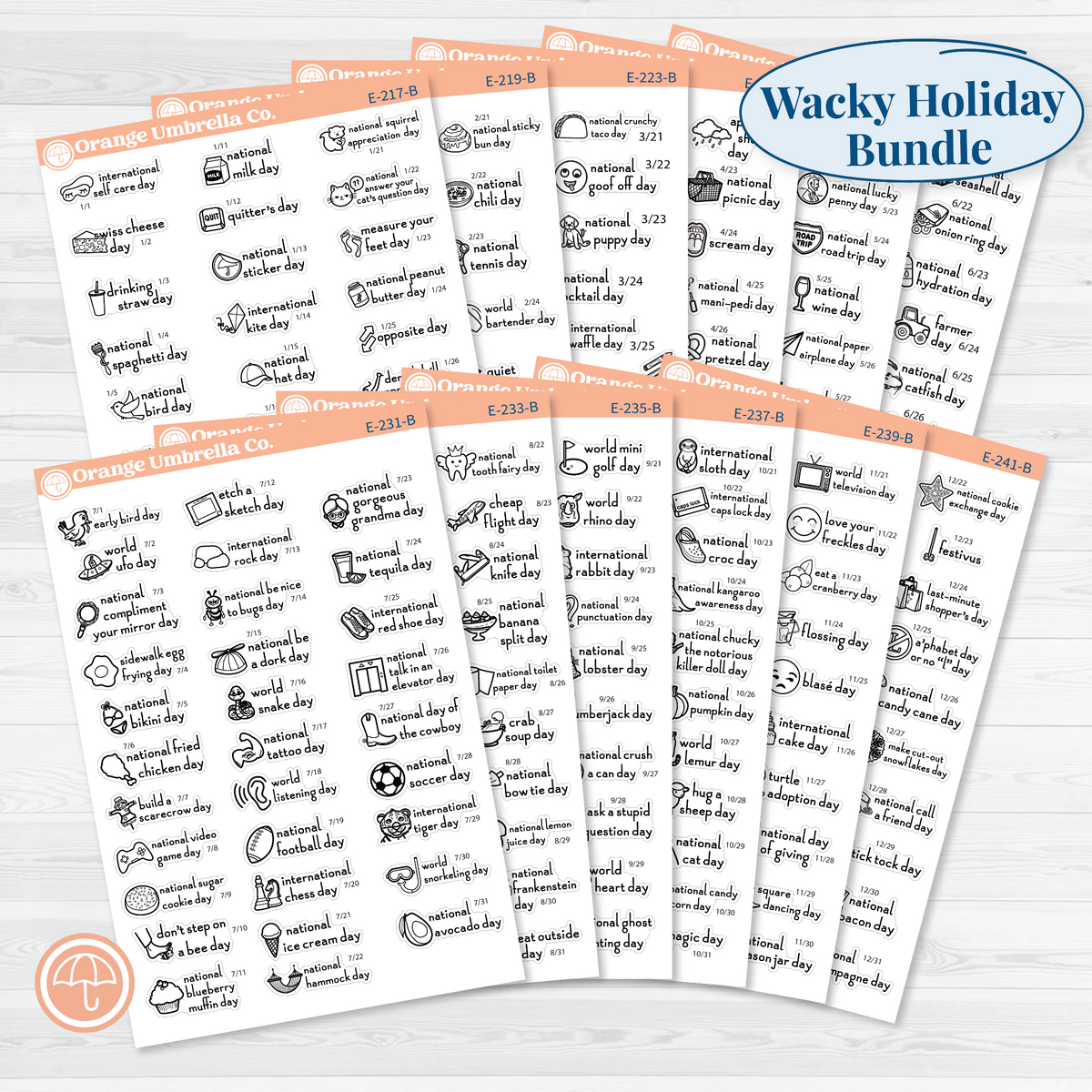 Full-year F16 regular wacky holiday sticker bundle showing 12 monthly sheets from January through December in black outline on removable white matte paper.