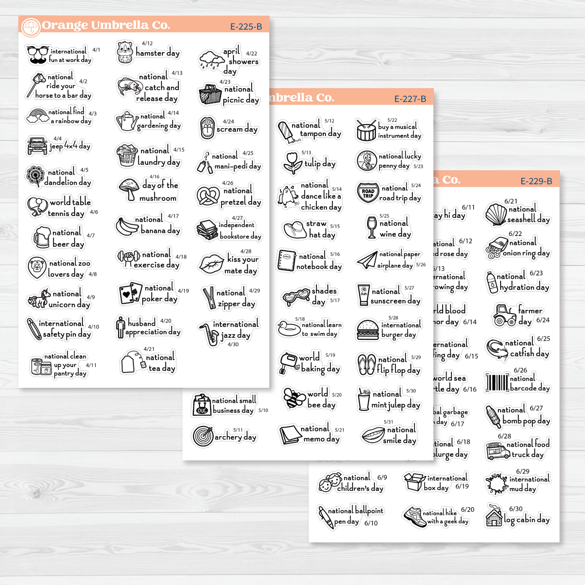 April through June sticker sheets from the F16 regular Wacky Holidays bundle, black outline on removable white matte paper.