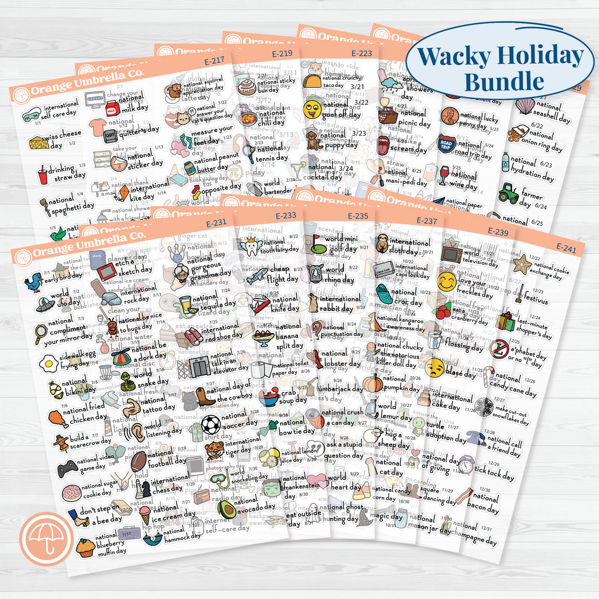 Full-year F16 regular wacky holiday sticker bundle showing 12 monthly sheets from January through December in color on clear matte paper.