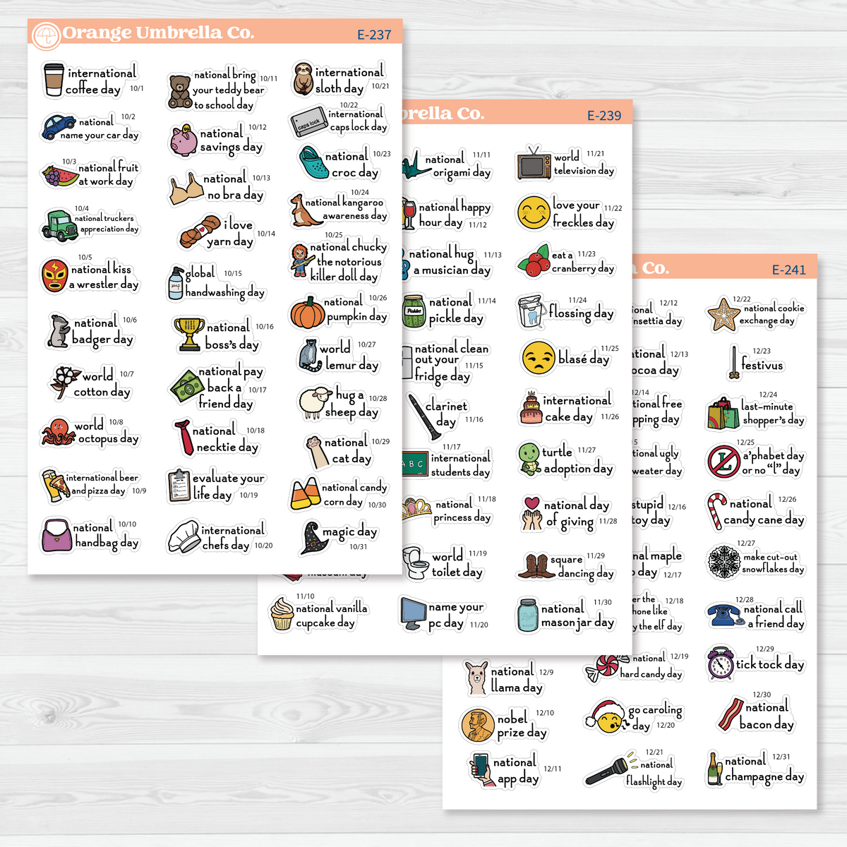 October through December sticker sheets from the F16 regular Wacky Holidays bundle, color on removable white matte paper.